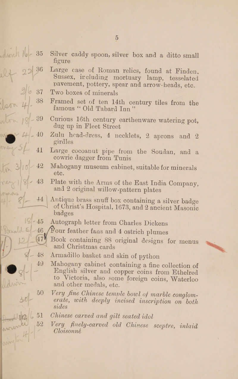 55] 86 Large case of Roman relics, found at Finden, rie Sussex, including mortuary lamp, tesselated | pavement, pottery, spear and arrow-heads, etc. Ye 37 Two boxes of minerals ..| 388 Framed set of ten 14th century tiles from the | i famous ‘‘ Old Tabard Inn”’ 39 Curious 16th century earthenware watering pot, dug up in Fleet Street ~ fi .40 Zulu head-dress, 4 necklets, 2 aprons and 2 2 Le cirdles °f 41 Large cocoanut pipe from the Soudan, and a cowrie dagger from Tunis 2, 42 Mahogany museum cabinet, suitable for minerals etc. » 43 Plate with the Arms of the Kast India Company, and 2 original willow-pattern plates “¢ eS Antique brass snuff box containing a silver badge L— of Christ’s Hospital, 1678, and 2 ancient Masonic | badges ‘»~45 Autograph letter from Charles Dickens nice &amp; 4 46 /®our feather fans and 4 ostrich plumes Y 494. a7} Book containing 88 original designs for menus pet = and Christmas cards | d- 48 Armadillo basket and skin of python , , 49 Mahogany cabinet containing a fine collection of D.. - English silver and copper coins from Ethelred oot to Victoria, also some foreign coins, Waterloo and other medals, etc. , 5O Very fine Chinese temple bowl of marble conglom- LB erate, with deeply incised inscription on both sides SAD , 51 Chinese carved and gilt seatedidol ~ ee 52 Very finely-carved old Chinese sceptre, inlaid 5 Silver caddy spoon, silver box and a ditto small ficure Clotsonné