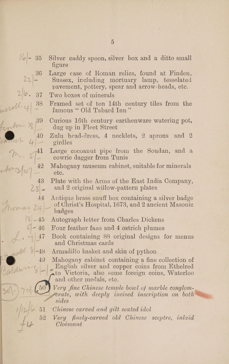 Si 45 Silver caddy spoon, silver box and a ditto small figure Large case of Roman relics, found at Finden, Sussex, including mortuary lamp, tesselated pavement, pottery, spear and arrow- heads, etc. T'wo boxes of minerals Framed set of ten 14th century tiles from the famous ‘‘ Old Tabard Inn”’ Curious 16th century earthenware watering pot, dug up in Fleet Street girdles — Large cocoanut pipe from the Soudan, and a cowrie dagger from Tunis Mahogany museum cabinet, suitable for minerals etc. Plate with the Arms of the Hast India Company, and 2 original willow-pattern plates Antique brass snuff box containing a silver badge badges Autograph letter from Charles Dickens Four feather fans and 4 ostrich plumes Book containing 88 original designs for menus and Christmas cards Armadillo basket and skin of python Mahogany cabinet containing a fine collection of , Unglish silver and copper coins from Ethelred # j Td} a eal ; j 2 ae e sides Chinese carved and gilt seated idol Very finely-carved old Chinese sceptre, anlarid Clotsonné 