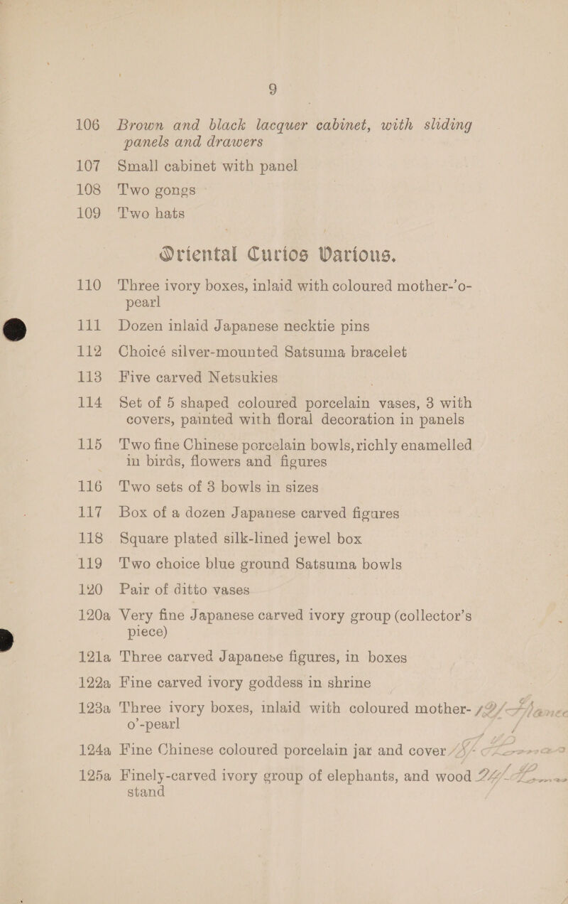 107 108 109 110 lil 112 113 114 SNS 116 Le, 118 119 120 120a 121a 122a, 123a 124a 1254 9 Brown and black lacquer cabinet, with sliding panels and drawers Small cabinet with panel Two gongs Two hats Oriental Curios Warious. Three ivory boxes, inlaid with coloured mother-’o- pearl Dozen inlaid Japanese necktie pins Choicé silver-mounted Satsuma bracelet Five carved Netsukies Set of 5 shaped coloured porcelain vases, 3 with covers, painted with floral decoration in panels Two fine Chinese porcelain bowls, richly enamelled in birds, flowers and figures T'wo sets of 3 bowls in sizes Box of a dozen Japanese carved figures Square plated silk-lined jewel box T'wo choice blue ground Satsuma bowls Pair of ditto vases Very fine J apanese carved ivory group (collector’s piece) Three carved Japanese figures, in boxes Fine carved ivory goddess in shrine o’-pearl Fine Chinese coloured porcelain jar and cover “)“ « stand