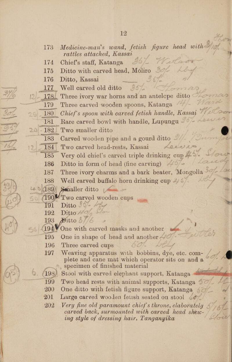 oe NNN i onl 173 Medicine-man’s wand, fetish figure head with of rattles attached, Kassar | | 174 Chief’s staff, Katanga << V4 2La-a9 175 Ditto with carved head, Moliro Je J UL ~ ff 176 Ditto, Kassai i ebbda: Woll carved old dita Riles § Three ivory war horns and an acibed: ditto ~180_ _ Chief's spoon with carved fetish handle, Kassaa Y TSC Ts _ Rare carved bowl with handle, Lupungu - RIES 20 - 182) - Two smaller ditto | “183 Carved wooden pipe and a gourd ditto ~ “isa, Two carved head-rests, Kassai ADL: o£ 5 he eat “185 Very old chiet’s carved triple drinking cup # a dor 186 Ditto in form of head (fine carving) <<° = 187 Three ivory charms and a bark beater, ene a Well carved buffalo horn drinking cup <) © - ty  196 Three carved cups SY Ae 197 Weaving apparatus with oniiees fee ete. com-. /_/ | plete and cane mat which operator sits on and a /-™ .., specimen of finished material  159 Two head rests with animal supports, Katanga 97 *. 200 One ditto with fetish figure support, Katanga 47>” 201 large carved wooden fetish seated on stool “be 4 202 Very fine old paramount chief's throne, elaborately 47> <% carved back, surmounted with carved head shew- « ing style of dressing hair, Tanganyika sare