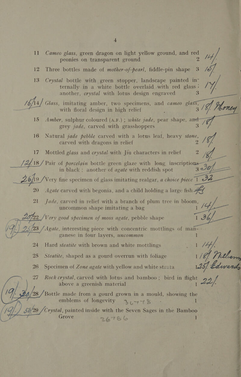 11 Cameo glass, green dragon on light yellow ground, and red jf peonies on transparent ground 2 12 Three bottles made of mother-of-pearl, fiddle-pin shape 3 /2/ 13 Crystal bottle with green stopper, landscape painted in- ternally in a white bottle overlaid with red glass &gt; I another, crystal with lotus design engraved 3 18, 14/ Glass, imitating amber, two specimens, and cameo “if Ha — with floral design in high relief : 15 Amber, sulphur coloured (A.F.) ; white jade, pear shape, a 2 grey jade, carved with grasshoppers 16 Natural jade pebble carved with a lotus leaf, heavy stone, Ae carved with dragons in relief 17 Mottled glass and crystal with Jiu characters in relief __ SY18/ Pair of porcelain bottle green glaze with long ae in black ; another of agate with reddish spot se Zi 19 / Very fine specimen of giass poueeng realgar, a choice piece —e 20 Agate carved with begonia, and a child holding a large fish AY 21 Jade, carved in relief with a branch of plum tree in bloom, of. uncommon shape imitating a bag ers Very good specimen of moss agate, pebble shape I 36/  Agate, interesting piece with concentric mottlings of man-    ganese in four layers, wucommon 1 24 Hard steatite with brown and white motilings pe ts! J, f 25 Steatite, shaped as a gourd overrun with foliage | /@f V7 thar, 26 Specimen of Zone agate with yellow and white strata 1.25 Ldverdy 27 Rock crystal, carved with lotus and bamboo ; bird in flight 7oe ; above a greenish material ‘1 : Bottle made from a gourd grown in a mould, showing the emblems of longevity A y4ayws - 1 Crystal, painted inside with the Seven Sages in the Bamboo Grove my fp Ce 1 2b 7S Mow ARR OR Ue,
