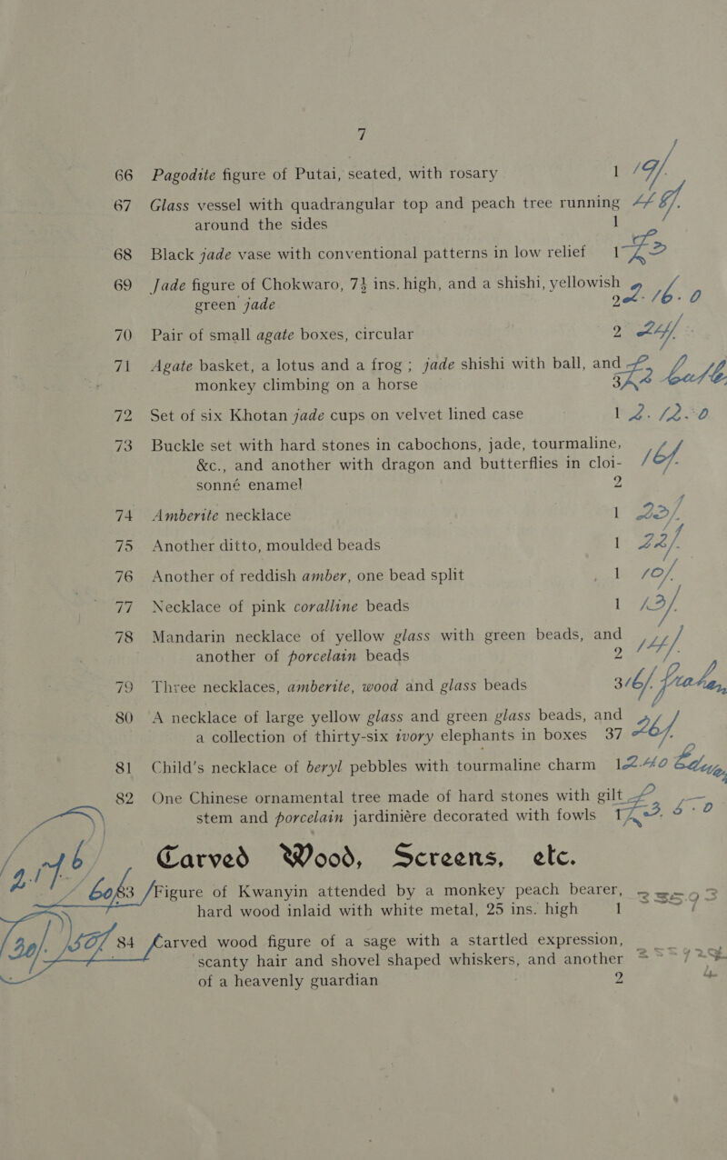 ea) | 67 Pagodite figure of Putai, seated, with rosary 1 /Yf. Glass vessel with quadrangular top and peach tree running 4G), around the sides 1 c Black jade vase with conventional patterns in low relief Ze green jade Pair of small agate boxes, circular 2 2H, Agate basket, a lotus and a frog ; jade shishi with ball, and. Bly : lotu: sl2 bate monkey climbing on a horse Set of six Khotan jade cups on velvet lined case sh S48 Buckle set with hard stones in cabochons, jade, tourmaline, ; {/ &amp;c., and another with dragon and butterflies in cloi- fi sonné enamel ys Amberite necklace 1 25 / Another ditto, moulded beads 1 2/ Another of reddish amber, one bead split eI sof, Necklace of pink coralline beads 1 13/, Mandarin necklace of yellow glass with green beads, and “if another of porcelain beads 147]. Y Three necklaces, amberite, wood and glass beads sib frale, A necklace of large yellow glass and green glass beads, and a collection of thirty-six ivory elephants in boxes 37 bf Child’s necklace of beryl pebbles with tourmaline charm 14-2 eae One Chinese ornamental tree made of hard stones with ao stem and porcelain jardiniére decorated with fowls Carved Wood, Screens, ele. = 2h D  hard wood inlaid with white metal, 25 ins. high 1 ol arved wood figure of a sage with a startled expression, scanty hair and shovel shaped whiskers, and another of a heavenly guardian 2