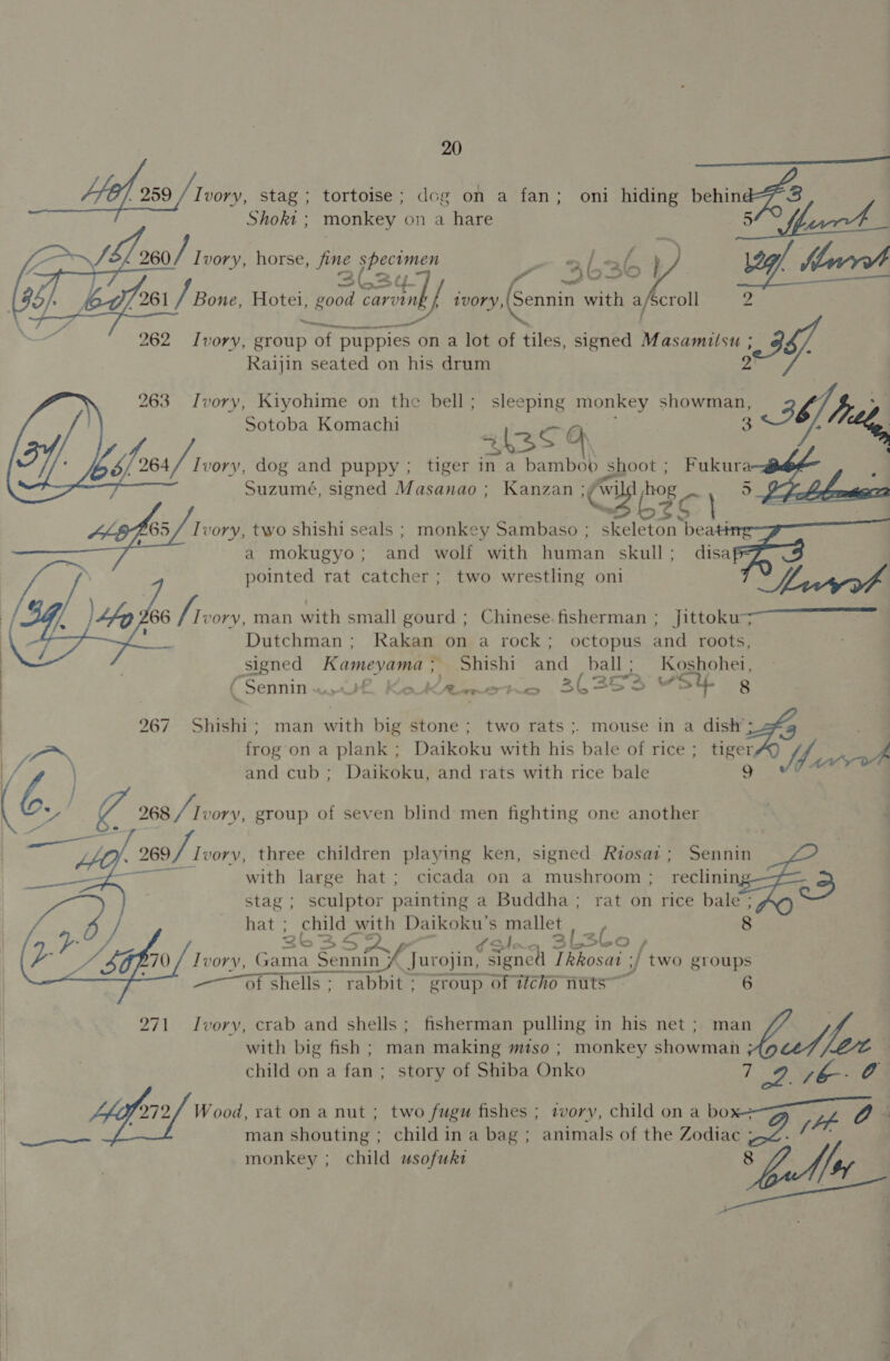Ho) 259 / Ivory, stag; tortoise; dog on a fan; oni hiding behi 3 Shokt ; monkey on a hare Part 260/ Ivory, horse, fine Cay], 363 al, } ; ey, Mart /261 JB eo Act good card 1vOry, Geni with a Scroll 2 262 Ivory, mes of puppies on a lot of tiles, signed Ri cnatiee je 9. Raijin seated on his drum 263 Ivory, Kiyohime on the bell; sleeping monkey showman, ph . Sotoba Komachi        66 heres) man with small gourd ; Chinese. fisherman ; Jittoku>~ ah35 9, /264/ Ivory, dog and puppy; tiger in a bamboo shoot ; Fukura Suzumé, signed Masanao ; Kanzan Ci hoy hog oC) 5 _ £4 £65/ Ivory, two shishi seals ; monkey Sambaso ; ie ‘beati . | a mokugyo ; ead wolf with en skull; disa (ag! pointed rat catcher; two wrestling oni ey Pee: Dutchman ; Rakan on a rock; octopus and roots, signed Kameyama 5 Shishi and ball; Koshohei, - 22 > u's F 8 ( Sennin veo yt KOA , Crt. aa 35 —_— : 267 Shishi; man with big stone; two rats ;. mouse in a dish 7G | frog on a plank; Daikoku with his bale of rice; tiger Y, Cams 5 E 8 a/ ae | \ . . | / \ and cub; Daikoku, and rats with rice bale 9 “a | ( ad | G 2681/Tuory. group of seven blind men fighting one another ( 260/ Ivory, three children playing ken, signed Rzosaz; Sennin with large hat; cicada on a mushroom : reclini z stag ; sculptor painting a Buddha ; rat on rice bale ;      hat ; child with Daikoku’'s rae 8 26 > So 3L3Co / Ivory, Gama Stas Jurojin, tench 1 Tkkosat : ;/ two groups ——~of shells ; rabbit ; group of who nuts a 6 271 Ivory, crab and shells; fisherman pulling in his net ; man ty with big fish ; man making miso ; monkey showman ; at il 4 child on a fan; story of Shiba Onko 7 Ebi sist py ae C | Afar Wool rat on a nut ; two fugu fishes ; tvory, child ona boxes A 7a Os ieee eee man shouting ; child in a bag ; animals of the Zodiac oZ,/ monkey ; child usofuka by a