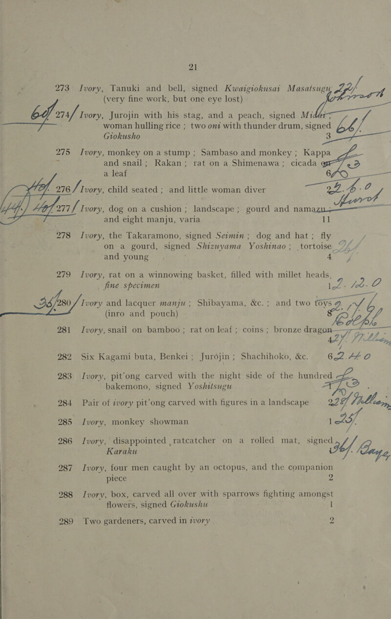 273 Jvory, Tanuki and bell, signed Kwaigiokusat Masatsugu, ,Z, fo (very fine work, but one eye lost)    y 274/ Ivory, Jurojin with his stag, and a peach, signed Mzdét woman hulling rice ; two on with thunder drum, signed Gtokusho 275 Ivory, monkey on a stump ; Sambaso and monkey ; Kappa F and snail; Rakan; rat on a Shimenawa; cicada e2 a leaf eA Ae - 276 JADE, child seated ; and little woman diver tf ef / Dyer ors dog on a cushion; landscape ; gourd and naman and eight manju, varia  278 Ivory, the Takaramono, signed Sermin ; dog and hat; fly _ on a gourd, signed Shizwyama Yoshinao; tortoise “//. and young 4 279 Ivory, rat on a winnowing basket, filled with millet heads, fine specimen lel: ote | Res 2S 280 / Ivory and lacquer manju ; Shibayama, &amp;c.; and two toys. ae, iy, (inro and pouch) EZ ie 281 Ivory, snail on bamboo; rat on leaf; coins ; bronze dragon— of 7 ta, 282 Six Kagami buta, Benkei; Jurojin ; Shachihoko, &amp;c. 62. FEO 283 Ivory, pit’ong carved with the night side of the si bakemono, signed Yoshttsugu 284 Pair of zvory pit’ong carved with figures in a landscape 226/ /iLleery, 285 Ivorv, monkey showman iL oo 286 Ivory, disappointed _ ratcatcher on a rolled mat, signed Karaku iF age 287. Ivory, four men caught by an octopus, and the companion piece 2 288 Ivory, box, carved all over with sparrows fighting amongst 3 flowers, signed Giokushu 1 289 Two gardeners, carved in zory 2