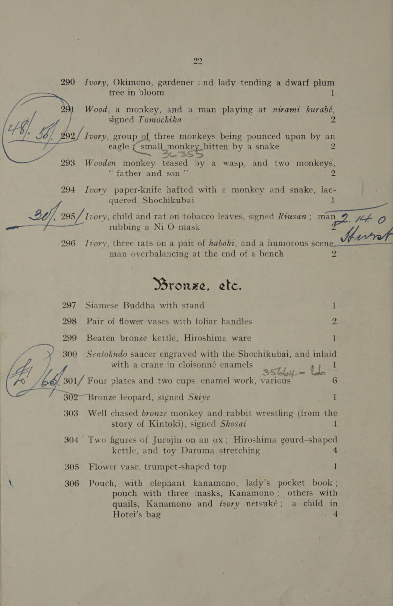 Ivory, Okimono, gardener cnd lady tending a dwarf plum  tree in bloom ] Wood, a monkey, and a man playing at nirams kurabé, signed Tomochtka 2 Ivory, group of three monkeys being pounced upon by an eagle ¢ small SECs ia by a snake 2 2 2s Wooden monkey teased by a wasp, and two monkeys, ‘father and son ” 2 Ivory paper-knife hafted with a monkey and snake, lac- quered Shochikubai eee oe child and rat on tobacco leaves, signed Reusan ; man_Q jz O rubbing a Ni O mask Mire 296 Ivory, three rats on a pair of habokt, and a humorous scen man overbalancing at the end of a bench  Mronze, ete. 297 Siamese Buddha with stand 1 298 Pair of flower vases with foliar handles yA 299 Beaten bronze kettle, Hiroshima ware l 300 Sentokudo saucer engraved with the Shochikubai, and inlaid with a crane in cioisonné enamels 1 35bby— lo ; j 301/ Four plates and two cups, enamel work, various ~302Bronze leopard, signed Shive 1   303 Well chased bronze monkey and rabbit wrestling (from the story of Kintoki), signed Shosat 1 304° Two figures of Jurojin on an ox; Hiroshima gourd— ast ee kettle, and toy Daruma stretching 305 Flower vase, trumpet-shaped top 1 \. 306 Pouch, with elephant kanamono, lady’s pocket book ; pouch with three masks, Kanamono; others with quails, Kanamono and ivory netsuké; a child in Hotei’s bag . 4