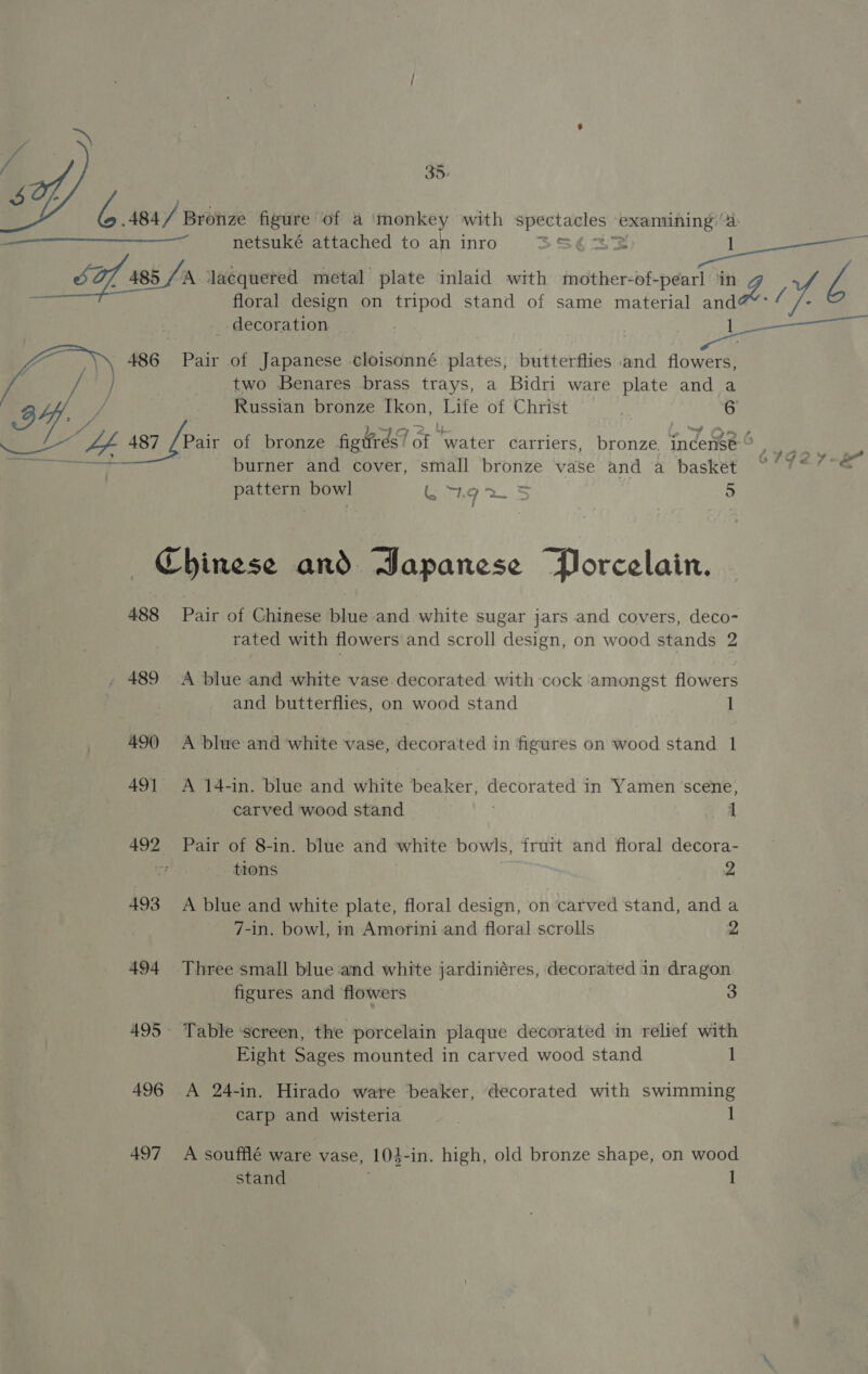 :. > | : oy a 35: 484 / Bronze figure of a monkey with se siti eno encerrmnan ng oq. netsuké attached to an inro 35622   S07 485 /: A Jacquered metal plate inlaid with mother-of-pearl ‘in floral design on tripod stand of same material and decoration y 486 Pair of Japanese cloisonné plates, butterflies and flowers, / } two Benares brass trays, a Bidri ware plate and a burner and cover, small bronze vase and a basket pattern bowl Ge 25 5 Chinese and Japanese Porcelain. 488 Pair of Chinese blue and white sugar jars and covers, deco- rated with flowers and scroll design, on wood stands 2 , 489 A blue and white vase decorated with cock amongst flowers and butterflies, on wood stand 1 490 A blue and white vase, decorated in figures on wood stand 1 491 A 14-in. blue and white beaker, decorated in Yamen scene, carved wood stand 1 492 Pair of 8-in. blue and white bowls, fruit and floral decora- CF tions 2 493 A blue and white plate, floral design, on carved stand, anda 7-in. bowl, in Amorini.and floral scrolls 2, 494 Three small blue and white jardiniéres, decorated in dragon figures and flowers 3 495 Table screen, the porcelain plaque decorated in relief with Eight Sages mounted in carved wood stand 1 496 A 24-in. Hirado ware beaker, decorated with swimming carp and wisteria 7 1 497 A soufflé ware vase, ‘103 4-in. high, old bronze shape, on wood