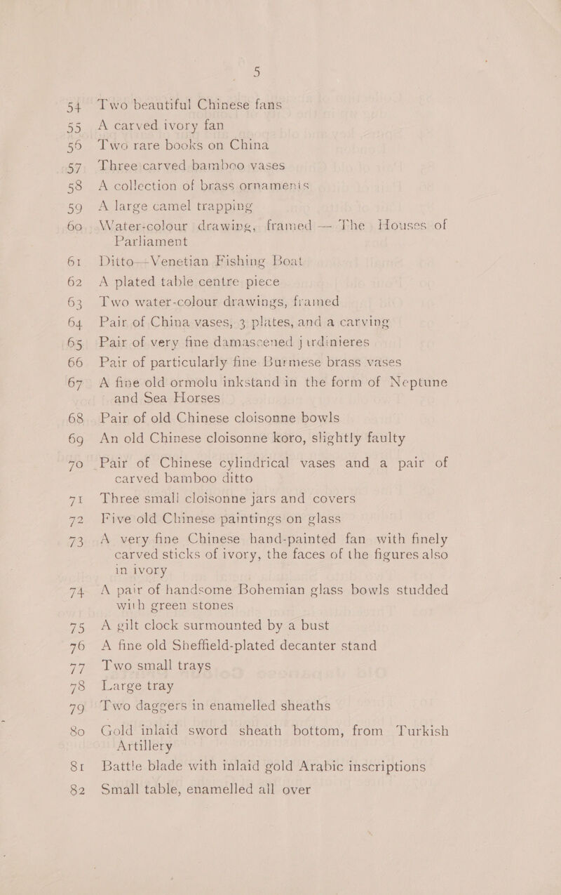 ye) 55 57 58 59 60 6 62 63 64 65 66 67 68 69 ao 76 Ta 78 So SI 82 Two beautiful Chinese fans A carved ivory fan Two rare books on China Three carved bamboo vases A collection of brass ornamenis A large camel trapping Water:colour drawing, framed — The , Houses. of Parliament Ditto—Venetian Fishing Boat A plated table centre piece Two water-colour drawings, framed Pair of China vases, 3 plates, and a carving Pair of very fine damascened j irdinieres Pair of particularly fine Burmese brass vases A fine old ormolu inkstand in the form of Neptune and Sea Horses Pair of old Chinese cloisonne bowls An old Chinese cloisonne koro, slightly faulty -Pair of Chinese cylindrical vases and a pair of carved bamboo ditto Three small cloisonne jars and covers Five old Chinese paintings on glass A very fine Chinese hand-painted fan with finely carved sticks of ivory, the faces of the figures also in ivory A pair of handsome Bohemian glass bowls studded with green stones A gilt clock surmounted by a bust A fine old Sheffield-plated decanter stand Two small trays Large tray Two daggers in enamelled sheaths Gold inlaid sword sheath bottom, from Turkish Artillery Battle blade with inlaid gold Arabic inscriptions Small table, enamelled ail over