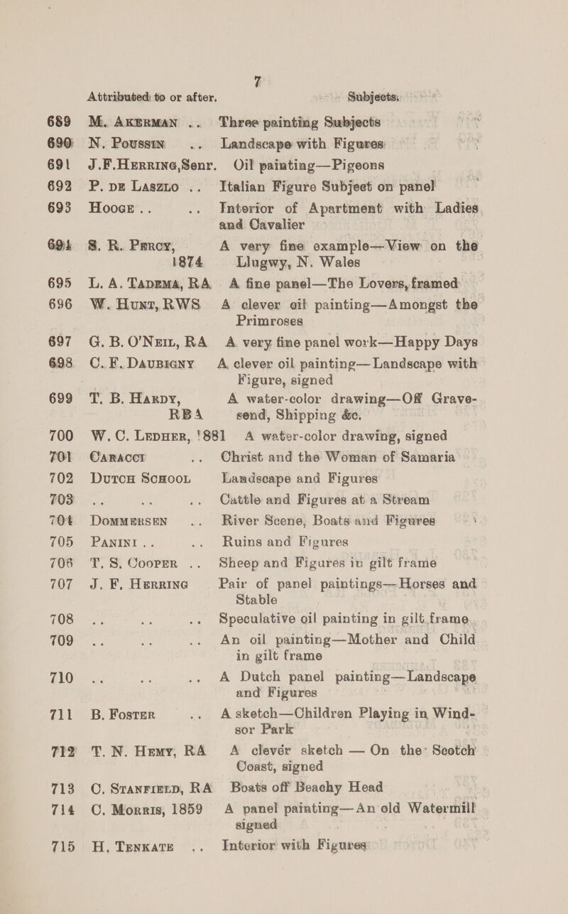 691 692 693 694 695 696 697 698 700 701 702 703 70% 705 706 707 708 709 710 711 712 713 714 715 Attributed to or after, os Gubjeetsy. -* N. Poussin .. Landscape with Figures = = J.F.HEeRRinG,Senr. Oil painting—Pigeons | P. pz Laszio .. Italian Figure Subjeet on panel Hooce .. .. Interior of Apartment: with Ladies, and Cavalier 8. R. Perey, A very fine oxample— View | on n the i874 Llugwy, N. Wales L. A. Tapema, RA A fine panel—The Lovers, raion’ ae W. Hunt, RWS A clever oil painting—Amongst the’ Primroses G.B.O’Nem, RA A very fine panel wor Beare Daye C.F.Daupieny A clever oil painting— Landscape with | Figure, signed i T, B. Harpy, A water-color drawing—Off Grave- RBA send, Shipping &amp;e. | W.C. Lepuer, !881 A water-color drawing, signed CARACCT .. Christ and the Woman of Samaria — DutcH ScHOOL Landscape and Figures Cattle and Figures at a Stream DommeErsen .. River Scene, Boats and Figures PANINI .. .. Ruins and Figures T.S, Cooper .. Sheepand Figures in gilt frame J. EF, Herrine Pair of panel pep ings sprees and © Stable Speculative oil painting in gilt, ae ame. An oil painting—Mother and Child in gilt frame A Dutch panel painting —Landscape | and Figures B. Foster .. Asketch—Children Playing in Wind- . sor Park T. N. Hemy, RA A clevér sketch — On. the’ Soot Coast, signed C. Stanriztp, RA Boats off Beachy Head C. Morris, 1859 A panel pal aL Tm cae: old Watermill 7 signed | H, Tenxate .. Interior with Figures