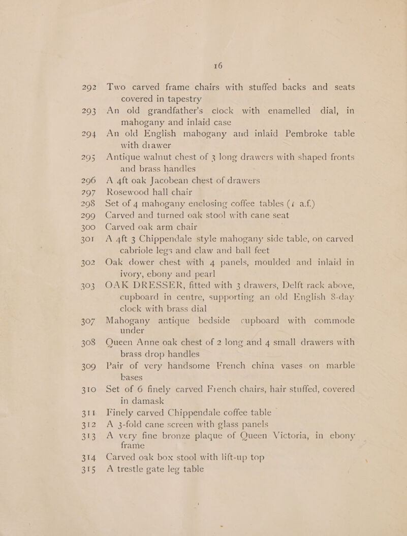 307 308 300 310 311 212 313 314 315 16 Two carved frame chairs with stuffed backs and seats covered in tapestry An old grandfather's clock with enamelled dial, in mahogany and inlaid case An old English mahogany and inlaid Pembroke table with drawer Antique walnut chest of 3 long drawers with shaped fronts and brass handles A 4ft oak Jacobean chest of drawers Rosewood hall chair Set of 4 mahogany enclosing coffee tables (¢ a.f.) Carved and turned oak stool with cane seat Carved oak arm chair A 4ft 3 Chippendale style mahogany side table, on carved cabriole legs and claw and ball feet Oak dower chest with 4 panels, moulded and inlaid in ivory, ebony and pearl OAK DRESSER, fitted with 3 drawers, Delft rack above, cupboard in centre, supporting an old English 8-day clock with brass dial Mahogany antique bedside cupboard with commode under Queen Anne oak chest of 2 long and 4 small drawers with brass drop handles Pair of very handsome French china vases. on marble bases Set of 6 finely carved French chairs, hair stuffed, covered in damask Finely carved Chippendale coffee table — A 3-fold cane screen with glass panels A very fine bronze plaque of Queen Victoria, in ebony frame Carved oak box stool with lift-up top A trestle gate leg table
