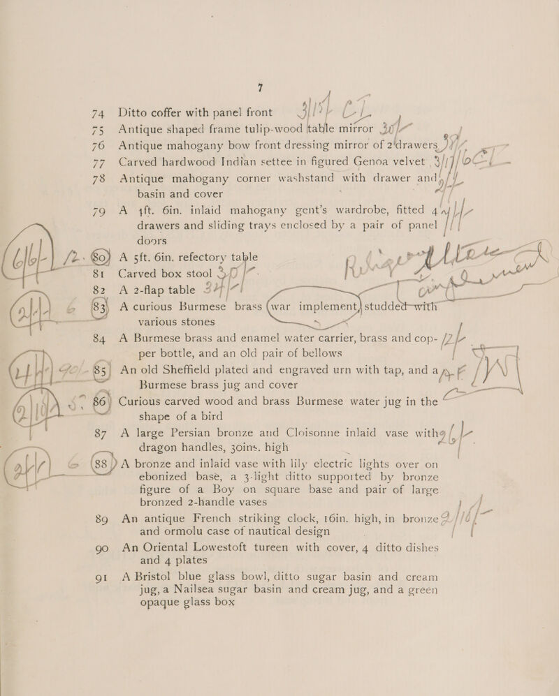 ? f 74 Ditto coffer with panel front 3 itr CL] 75 Antique shaped frame tulip-wood table mirror Dw aL 76 Antique mahogany bow front dressing mirror of 2ldrawers ) =] 77 Carved hardwood Indian settee in figured Genoa velvet 3/| [oe - 78 Antique mahogany corner washstand with Grawer and! ih basin and cover ; ia A 4ft. 6in. inlaid mahogany gent’s wardrobe, fitted ! LP drawers and sliding trays enclosed by a pair of panel i] doors a AB fe 60) A 5ft. 6in. refectory oe | 2 f 4 vt Ler te 2 ue 81 Carved box stool | , 49 a oe 82 A 2-flap table 5 or ai —— A curious Burmese brass (war moter studde ith ¥ various stones a A Burmese brass and enamel ey ge carrier, brass and cop- Ar i. per bottle, and an old pair of bellows »f 85) An old Sheffield plated and engraved urn with tap, and “a i! /\\\ : Burmese brass jug and cover  Ss> “~ ‘\ | ee : “b CO 1 £ © a eel LOD 6) Curious carved wood and brass Burmese water jug in the ° 4 shape of a bird 87 A large Persian bronze and Cloisonne inlaid vase with / P. dragon handles, 30ins. high {  (88 ) A bronze and inlaid vase with lily electric lights over on ebonized base, a 3-light ditto supported by bronze figure of a Boy on square base and pair of large bronzed 2-handle vases aa 89 An antique French striking clock, 16in. high, in bronze? flo,~ and ormolu case of nautical design py go An Oriental Lowestoft tureen with cover, 4 ditto dishes and 4 plates gt A Bristol blue glass bowl, ditto sugar basin and cream jug,a Nailsea sugar basin and cream jug, and a green opaque glass box