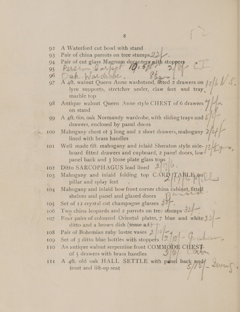 2 93 04 95 96 97 98 99 TOO rol 104 105 106 (O07 108 109 -£tO II 8 A Waterford cut bowl with stand Pair of cut glass M jeuup decanters wit Prrirre Bev] wt Pp: 4 O ah eked Ls dee a A 4ft. walnut Queen Bice washeeae boas | 2 drawers marble top on stand fp on o/h NJ / } Py drawers, enclosed by panel doors lined with brass handles panel back and 3 loose plate glass tops f Ditto SARCOPHAGUS lead lined / }[? o£; pillar and splay feet. . . shelves and panel and glazed doors 9 iain Set of 12 crystal cut champagne glasses ali m Four pairs of coloured Oriental plates, 7 blue and a ditto and a brown dish (Some-a. wt Pair of Bohemian ruby lustre vases 2 //4 x4 ¥ va . Set of 3 ditto blue bottles with stoppets (2 WD of 5 drawers with brass handles A 4% old oak HALL sSETALE, wath pin! pacé A front and lift- up seat ite 3 _ f a