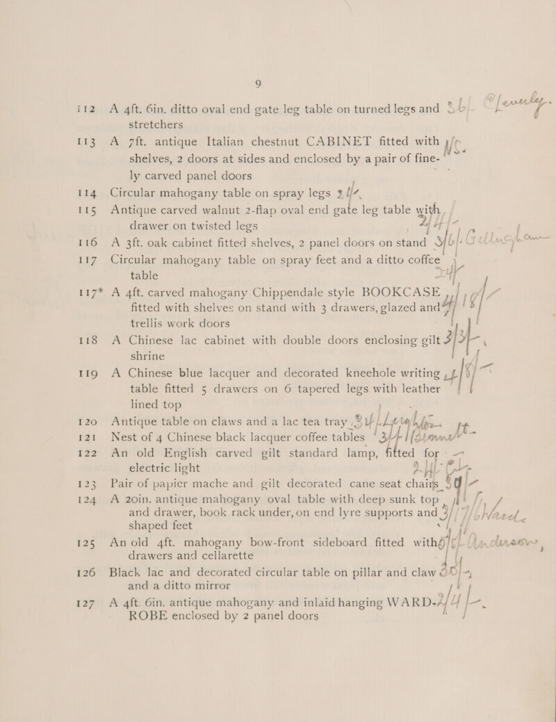 Tz 113 114 115 116 ai; bias 118 119 120 121 122 123 124 125 126 127 9 e / PAtL keg re A 4ft. Gin. ditto oval end gate leg table on turned legs and 2.4 gs stretchers A 7ft. antique Italian chestnut CABINET fitted ee Oe shelves, 2 doors at sides and enclosed by a pair of fine-  ~ ly carved panel doors ae Circular mahogany table on spray legs 3 il, Antique carved walnut 2-flap oval end gate leg table with drawer on twisted legs | +f A 3ft. oak cabinet fitted shelves, 2 panel doors on sone a LGu =) \ Circular mahogany table on spray feet and a ditto coffee , table A 4ft. carved mahogany Chippendale style BOOKCASE lig} “ fitted with shelves on stand with 3 drawers, glazed anda*7/ trellis work doors A Chinese lac cabinet with double — enclosing gilt 3 f \ shrine { A Chinese blue lacquer and decorated kneehole writing , £ / table fitted 5 drawers on 6 tapered legs with leather | | lined top Antique table on claws and a lac tea tray 3 uf He layt fer, It Nest of 4 Chinese black lacquer coffee tables ey Lm An old English carved gilt standard lamp, f eS for oN electric light AL (4 “a Pair of papicr mache and gilt decorated cane seat chairs_ y's 7 A 20in. antique mahogany oval table with deep sunk top f, and drawer, book rack under, on end lyre supports and iy MV u- shaped feet An old 4ft. mahogany bow-front sideboard fitted with’ h | Ap lrasy , drawers and cellarette Y Black lac and decorated circular table on pillar and claw &amp; O}. A and a ditto mirror | y ian f 4 j— ‘ | = A 4ft, Gin. antique mahogany and inlaid hanging WARD- - ROBE enclosed by 2 panel doors
