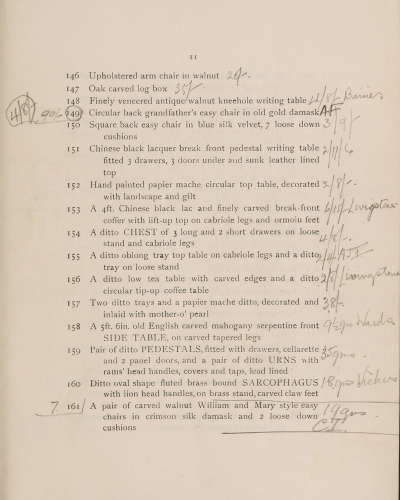 146 147 148 150 152 153 154 155 156 157 158 159 160 LI Upholstered arm chair in walnut 2 fr. Oak carved log box 5 ¢ ¢ (fo. ost Finely veneered ieereiy ree kneehole writing cabte 24/0) &amp; - Barnt/> Circular back grandfather’s easy chair in old gold damask Square back easy chair in blue silk velvet, 7 loose down 3 | cushions a Chinese black lacquer break front pedestal writing table a] he fitted 3 drawers, 3 doors under and sunk leather lined re wf Hand painted papier mache circular top table, decorated % V/7- with landscape and gilt A 4ft. Chinese black lac and finely carved break-front i Dons coffer with lift-up top on cabriole legs and ormolu feet A ditto CHEST of 3 long and 2 short drawers on et a f stand and cabriole legs + at i A ditto oblong tray top table on cabriole — and a stay ATE tray on loose stand  / A ditto low tea table with carved edges and a ditta rh ewe os circular tip-up coffee table i Two ditto trays and a papier mache ditto, decorated and 38 inlaid with mother-o’ pearl Te A 5ft. 6in. old English carved mahogany serpentine front ‘ UG 0 WAN SIDE TABLE, on carved tapered legs Pair of ditto PEDESTALS, fitted with drawers, ce ae er and 2 panel doors, and a pair of ditto URNS with # gl rams’ head handles, covers and taps, lead lined ° | Ditto oval shape fluted brass bound SARCOPHAGUS /Bt > Yr oh * with lion head handles, on brass stand, carved claw feet i  chairs in crimson silk damask and 2 loose down ~ YGr> - . fiw et cushions Mes ey