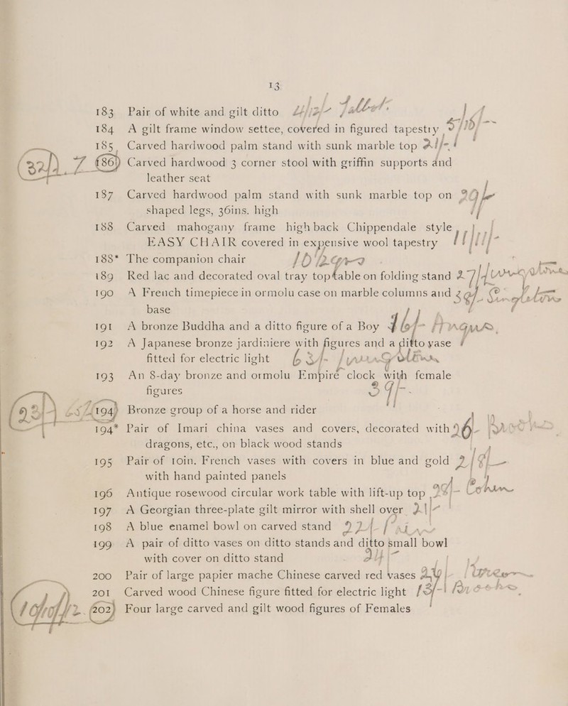 183 184 185 187 188   13 Tablet Pair of white and gilt ditto 44//2/ [A A gilt frame window settee, covered in figured tapestry | ey )/ = Carved hardwood palm stand with sunk marble top rlj- re Carved hardwood 3 corner stool with griffin supports and leather seat Carved hardwood palm stand with sunk marble top on % 7 shaped legs, 36ins. high i Carved mahogany frame highback Chippendale style EASY CHAIR covered in Se wool tapestry Ta The companion chair ld'% o-Gro : PY a Red lac and decorated oval tray topable on folding stand 2 cw A French timepiece in ormolu case on marble columns 39 e base A bronze Buddha and a ditto figure of a Boy i AGMA, A Japanese bronze jardiniere SY pee and a ditto yase i fitted for electric light f~ fi bi ie An 8-day bronze and ormolu Empiré clock, ith female figures 3 [ Bronze group of a horse and rider : r Pair of Imari china vases and covers, decorated with 6. F &amp; | dragons, etc., on black wood stands bad Pair of toin. French vases with covers in blue and gold ZA = with hand painted panels = bp Antique rosewood circular work table with lift-up top was A A Georgian three-plate gilt mirror with shell over }|/~ | A blue enamel bowl on carved stand 9 7 al A pair of ditto vases on ditto stands and ditto sn small bowl with cover on ditto stand  Pair of large papier mache Chinese carved ven vases AY | i we ar Carved wood Chinese figure fitted for electric light [ -| fa,oer< Four large carved and gilt wood figures of Females