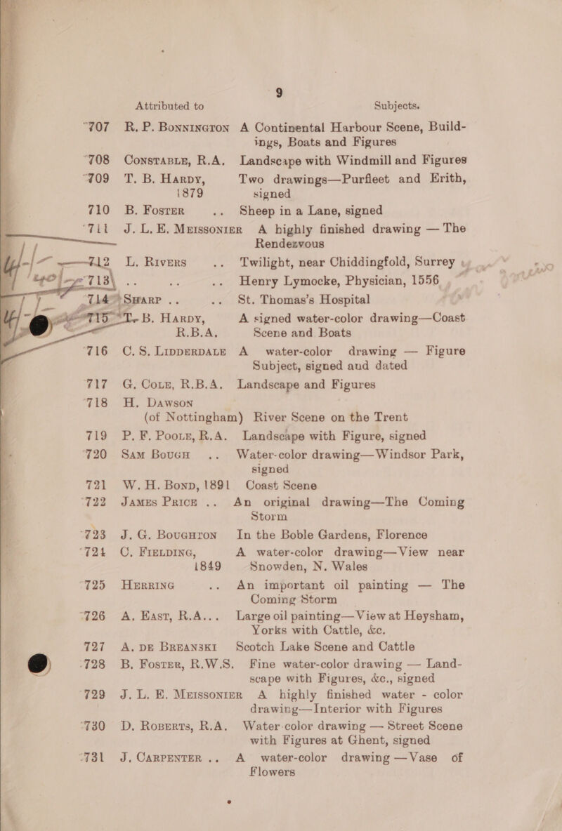 “707 “708 “409 710 “Fil G5 [-—n2  717 718 719 ‘720 721 722 723 “724 “725 “726 727 e 728 429 “730 “T3l   Attributed to R, P. Bonninaron ConsTABLE, R.A, T. B. Harpy, 1879 B. Foster 9 Subjects. A Continental Harbour Scene, Build- ings, Boats and Figures Landscape with Windmill and Figures Two drawings—Purfleet and Hrith, signed Sheep in a Lane, signed L. Rivers SHARP .. B. Harpy, R.B.A, C. S. LippERDALE G. Cour, R.B.A. H. Dawson Rendezvous Henry Lymocke, Physician, 1556 St. Thomas’s Hospital A signed water-color drawing—Coast Scene and Boats A water-color drawing — Figure Subject, signed aud dated Landscape and Figures P, F. Poots, R.A. Sam BoucH W.H. Bonn, 1891 JAMES PRICE .. J. G. BougHron C, FIELDING, i849 HERRING A. East, R.A... A. DE BREAN3KI Landscape with Figure, signed Water-color drawing— Windsor Park, signed Coast Scene An original drawing—The Coming Storm In the Boble Gardens, Florence A water-color drawing—View near Snowden, N. Wales An important oil painting — The Coming Storm | Large oil painting— View at Heysham, Yorks with Cattle, &amp;. Scotch Lake Scene and Cattle scape with Figures, d&amp;c., signed D, Roperts, R.A, J, CARPENTER .. drawing—lInterior with Figures Water -color drawing — Street Scene with Figures at Ghent, signed A water-color drawing —Vase of Flowers