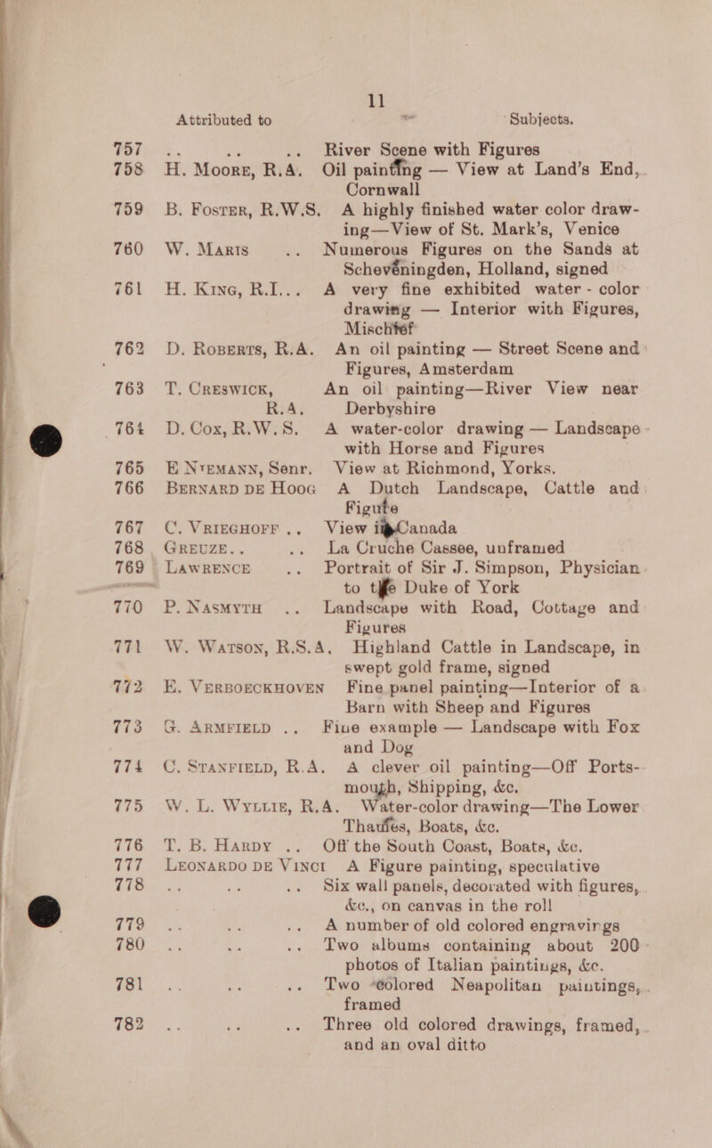 773 774 775 776 177 778 779 780 781 11 Attributed to - ‘Subjects. .. River Scene with Figures H. Moorz, R.A. Oil painffng — View at Land’s End,. Cornwall B. Foster, R.W.S. A highly finished water color draw- ing— View of St. Mark’s, Venice W. Maris .. Numerous Figures on the Sands at Schevéningden, Holland, signed H. Kine, R.I... A very fine exhibited water - color drawing — Interior with Figures, Mischief D. Roperts, R.A. An oil painting — Street Scene and Figures, Amsterdam T. Creswick, An oil painting—River View near R.A. Derbyshire D. Cox, R.W.S. A water-color drawing — Landscape with Horse and Figures E NteMANN, Senr. View at Richmond, Yorks. BERNARD DE Hoog A_ Dutch Landscape, Cattle aud F igute C. VRIEGHOFF.. View i®Canada GREUZE.. .. La Cruche Cassee, unframed LAWRENCE .. Portrait of Sir J. Simpson, Physician ’ to tife Duke of York P. NasmytH .. Landscape with Road, Cottaye and Figures W. Watson, R.S.A. Highland Cattle in Landscape, in swept gold frame, signed K. VERBOECKHOVEN Fine panel painting—lInterior of a Barn with Sheep and Figures G. ARMFIELD .. Fine example — Landscape with Fox and Dog C. STaNFIELD, R.A. A clever oil painting—Off Ports- mough, Shipping, &amp;c. W. L. Wyte, R.A. Water-color drawing—The Lower Thariies, Boats, de. T. B. Harpy .. Off the South Coast, Boats, kc. LEONARDO DE Vinct A Figure painting, speculative Six wall panels, decorated with figures, &amp;c., on canvas in the roll A number of old colored engravings Two albums containing about 200 photos of Italian paintings, &amp;c. Two *¢olored Neapolitan paintings, . framed Three old colored drawings, framed, . and an oval ditto