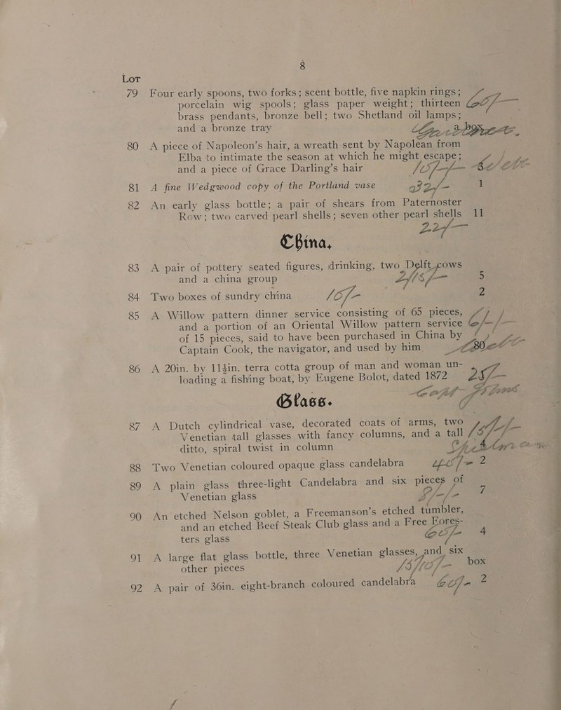 Lor AS, 80 81 82 83 84 85 86 87 90 HM oF 3 Four early spoons, two forks; scent bottle, five napkin rings ; B porcelain wig spools; glass paper weight; thirteen Cop~— brass pendants, bronze bell; two Shetland oil lamps; | } and a bronze tray ie 2 SOP, A piece of Napoleon’s hair, a wreath sent by Napolean from Elba to intimate the season at which he might escape; ora. and a piece of Grace Darling’s hair | (tf Be’ é VO A fine Wedgwood copy of the Portland vase o2/- 1 An early glass bottle; a pair of shears from Paternoster Row: two carved pearl shells; seven other pearl shells 11 €Bina, 2G A pair of pottery seated figures, drinking, two Delft_cows and a china group 2fs — 5 ; / Two boxes of sundry china /Of- ; A Willow pattern dinner service consisting of 65 pieces, and a portion of an Oriental Willow pattern service of 15 pieces, said to have been purchased in China by A 20in. by 114in. terra cotta group of man and woman un- loading a fishing boat, by Eugene Bolot, dated 1872 ~ 259- Cost Pi jk G La 6 Be ae CS ditto, spiral twist in column BY, Two Venetian coloured opaque glass candelabra “pcf~ = A plain glass three-light Candelabra and six piece vik Venetian glass ee An‘ etched Nelson goblet, a Freemanson’s etched tumbler, and an etched Beef Steak Club glass and a Free. Lores- ters glass Of 4 7 A large flat glass bottle, three Venetian glasses ang S1X other pieces yi! 105 Jame box Acepair’ of 36m: eight-branch coloured candelabra eof- 2 SS a.