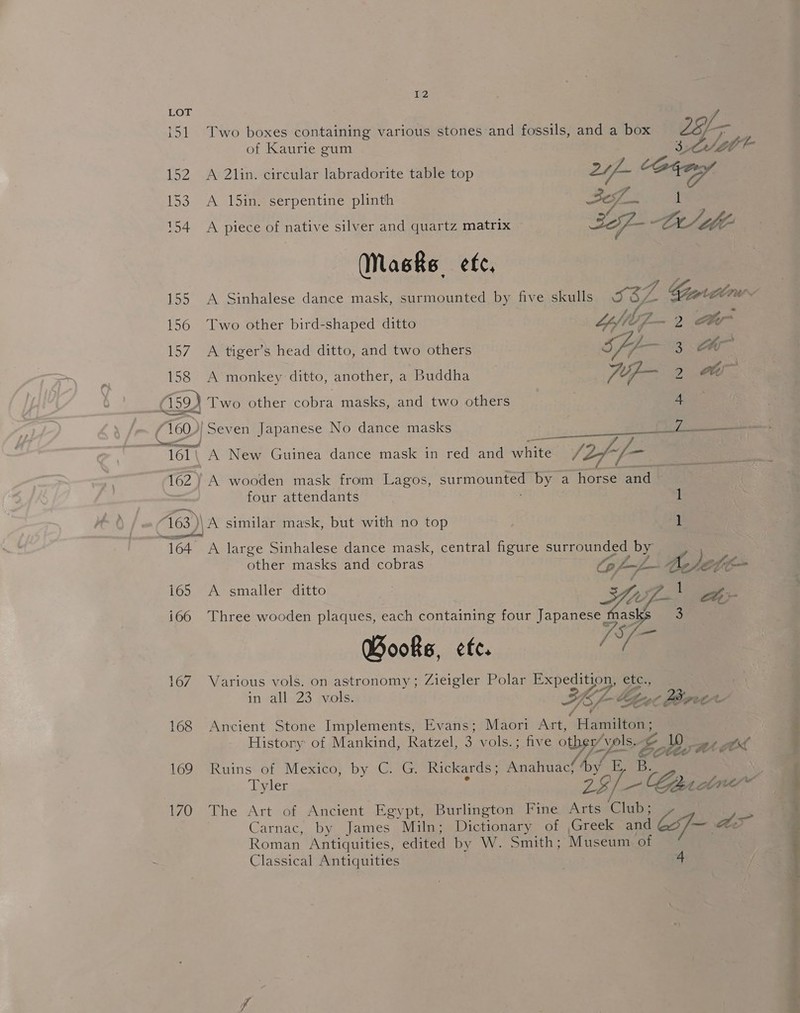 2 LOT 151 Two boxes containing various stones and fossils, and a box ae of Kaurie gum lott 152 A 2lin. circular labradorite table top 24f- 153 A 15in. serpentine plinth i 1 154 A piece of native silver and quartz matrix sef-— Lt HE Masks etc, 155 A Sinhalese dance mask, surmounted by five skulls 53 kop ebow pa 156 Two other bird-shaped ditto Cf— 2 Lty~ 157 A tiger's head ditto, and two others SL ee 158 A monkey ditto, another, a Buddha fuf— 2 ots 459) Two other cobra masks, and two others | 4 160) 'Seven Japanese No dance masks | eed ee | “Ter A New Guinea dance mask in red and hitee /2of-f-_ 162) A wooden mask from Lagos, surmounted by a horse and four attendants 1 163) \A similar mask, but with no top ] eae A large Sinhalese dance mask, central figure surrounded b rhe masks and cobras 2 Cop Ay ele i165 A smaller ditto | Sst * b&gt; i66 Three wooden plaques, each containing four Japanese mask a WS &gt; aie Wooks, efe. 167. Various vols. on astronomy; Zieigler Polar Expedition, etc., in all 23 vols. YH . hpet PE eC 168 Ancient Stone Implements, Evans; Maori Art, “Haale History of Mankind, Ratzel, 3 vols.; five othey (pls Z eis gt ctxt 169 Ruins of Mexico, by C. G. Rickards ; Anatuae/y/ Ee, ; | Tyler 28/— Cprcine | 170 The Art of Ancient Egypt, Burlington Fine ry Club ; Be ‘y Carnac, by James Miln; Dictionary of ,Greek and — Be Roman Antiquities, edited by W. Smith; Museum of Classical Antiquities + x é : ; ;