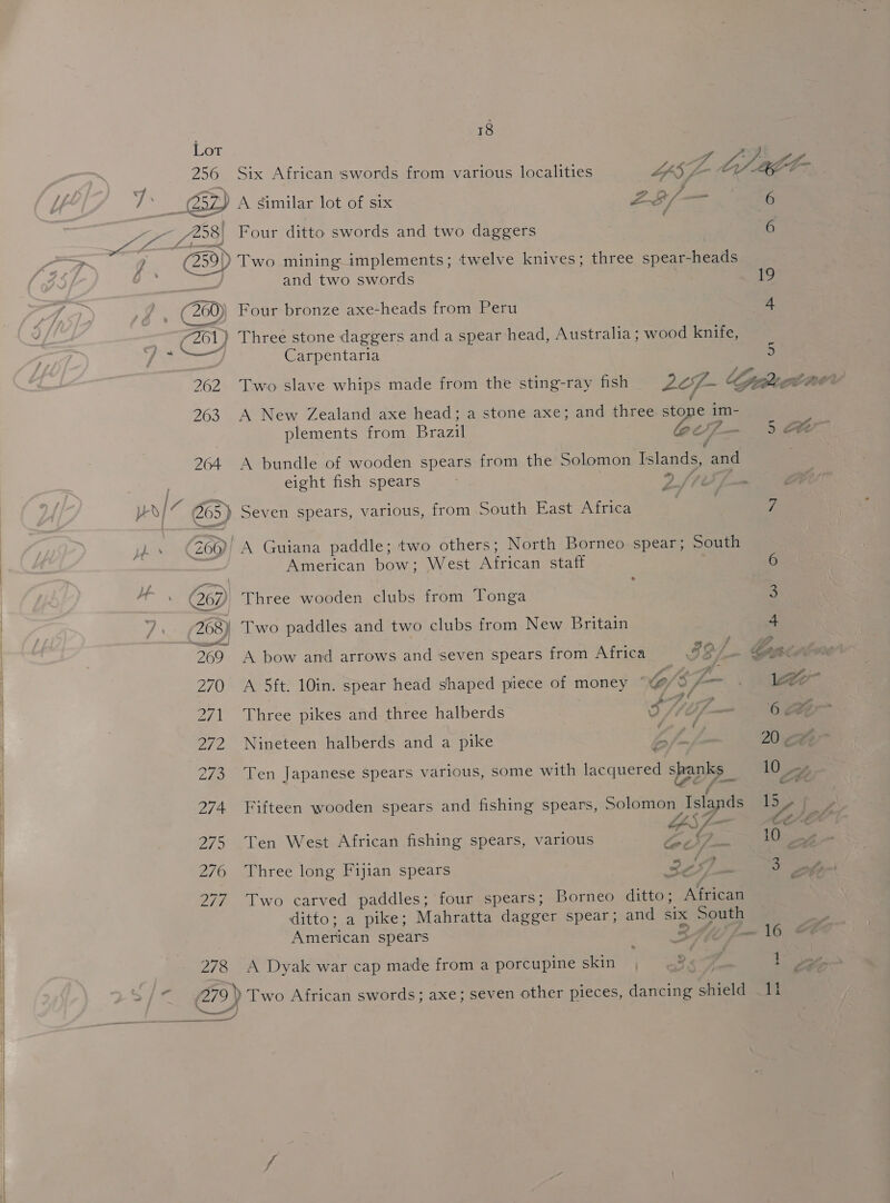  Lot | ‘ 5 : as we Pe 256 Six African swords from various localities LFS Z Oe) a af vhs 52) A similar lot of six 2.3 — 6 — f es 258) Four ditto swords and two daggers | 6 g (259) Two mining implements; twelve knives; three spear-heads oS and two swords | 19 (260) Four bronze axe-heads from Peru f “Gay ) Three stone daggers and a spear head, Australia ; wood knife, ¥ Carpentaria 5 262 Two slave whips made from the sting-ray fish Lef- Gprbtcr Per 263 A New Zealand axe head; a stone axe; and three stone im- plements from Brazil Gey 5: Ae 264 A bundle of wooden spears from the Solomon Islands, and eight fish spears pe yay ke 205) Seven spears, various, from South East Africa Zz ie ‘26@) A Guiana paddle; two others; North Borneo spear, South American bow; West African staff 6 4G. (267) Three wooden clubs from ‘Tonga 3 . 268)) Two paddles and two clubs from New Britain 4 360 A bow and arrows and seven spears from Africa FP &amp; Lotto 270 A 5ft. 10in. spear head shaped piece of money © @ Sf— Ween 271 Three pikes and three halberds vy VE) 6a 272 Nineteen halberds and a pike 2/- 20 &lt;Z@ 273 Ten Japanese spears various, some with lacquered ye 10 4 Cs 274. Fifteen wooden spears and fishing spears, Soir Islands EG “4S; — vi ty , 275 Ten West African fishing spears, various roe ee ee 276 Three long Fijian spears Ey: Be 3 phir 277. Two carved paddles; four spears; Borneo ditto; African ditto; a pike; Mahratta dagger spear; and six South American spears 3 — 16 278 A Dyak war cap made from a porcupine skin — ; &gt; 1 ee - 279\) Two African swords; axe; seven other pieces, dancing Shield Lip ot)