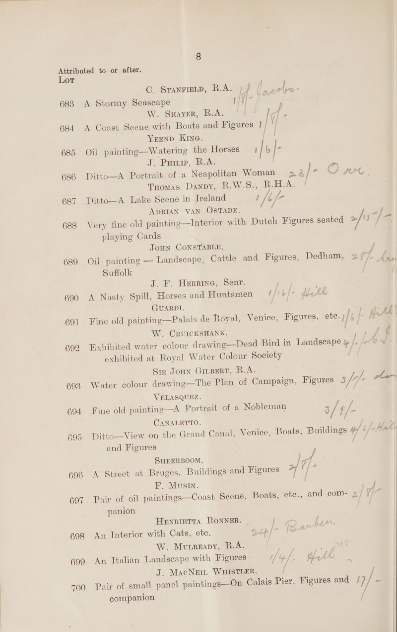 683 684 688 689 694 Sd cO CX 696 697 698 699 C, SranFiELD, R.A. ; } Ys Ave - A Stormy Seascape 1/Y) 7 W. Suayer, B.A. I f A Coast Scene with Boats and Figures }/ ') YEEND KING. , Oil paintine—Watering the Horses ; | i | . J. Pup, B.A. i Ditto—A Portrait of a Neapolitan Woman 52/7 \/ AA Tomas Danpy, R.W.S., R.H.A. : Ditto—A Lake Scene in Ireland / /4 jp ADRIAN VAN OSTADE. / | Very fine old painting—Interior with Dutch Figures seated 2/'3 : playing Cards JOHN CONSTABLE. F Oil painting — Landscape, Cattle and Figures, Dedham, 2 77% Suffolk cas c¢~ J. F. Herrine, Senr. ; A Nasty Spill, Horses and Huntsmien ///6/- Jf, 26 GUARDT. Palais de Royal, Venice, Figures, ete. )// }  Fine old painting W. CRUICKSHANK. Exhibited water colour drawing—Dead Bird in Landscape 4 /. exhibited at Royal Water Colour Society / Sir JOHN GinBert, R.A. Water colour drawinge—The Plan of Campaign, Figures xf; /. of ews /3 x. CANALETTO. f Ditto—View on the Grand Canal, Venice, Boats, Buildings YY | and Figures VELASQUEZ. Fine old painting—A Portrait of a Nobleman Cd 4 SHEERBOOM. )- A Street at Bruges, Buildings and Figures 77 '/~* F. Musin. = me Pair of oil paintings—Coast Scene, Boats, etc., and com- »/ f ~ panion HENRIETTA RONNER. An Interior with Cats, etc. W. Mutureapy, R.A. | 24) An Italian Landscape with Figures I] &amp; 7 t. Ue J. MacNee WHISsTLER. / Pair of small panel paintings—On Calais Pier, Figures and / i) - companion