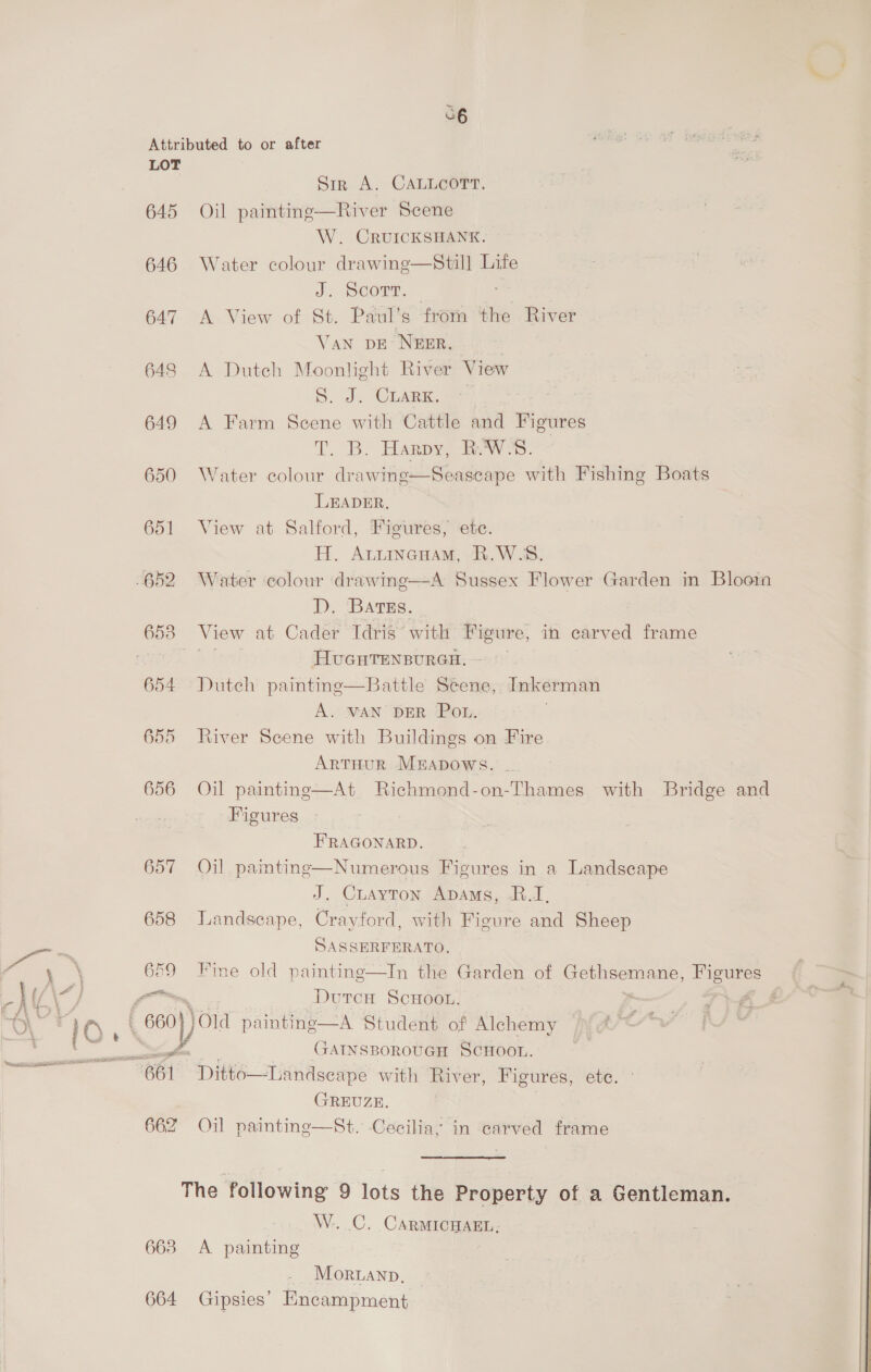 56 Attributed to or after LOT Sir A. CALLCOTT. 645 Oil painting—River Scene W. CRUICKSHANK. 646 Water colour drawing—Still Life J. SCORE: 647 A View of St. Paul's from the River Van DE NEER. 648 A Dutch Moonlight River View S. J, Cian: 649 A Farm Scene with Cattle and Figures T. B. Harpy, ROW 7s. 650 Water colour drawinge—Seaseape with Fishing Boats LEADER, 651 View at Salford, Figures, etc. H. Atuineuam, R.W.S. .652 Water colour drawmg—A Sussex Flower Garden in Blooin ), Barns. 653 View at Cader Idris with Figure, in carved frame } HUGHTENBURGH. 654 Dutch paintine—Battle Scene, Inkerman A. VAN DER Pot. . 655 River Scene with Buildings on Fire ArtTHuR MEADOWS. . 656 Oil painting—At Richmond-on-Thames with Bridge and Figures FRAGONARD. 657 Oil painting—Numerous Figures in a Landscape J. Cuayton Apams, R.1, 658 Landscape, Crayford, with Figure and Sheep SASSERFERATO. 659 Fine old painting—In the Garden of SS eres Lyles fo DutcH ScHoot. ff ‘ i) Old paintinge—A Student of Alchemy aa GAINSBOROUGH SCHOOL. 661 Ditto—Landscape with River, Figures, ete. GREUZE. | 662 Oil paintinge—St. Cecilia; in carved frame The following 9 lots the Property of a Gentleman. W.. C. CARMICHAEL, 663 <A painting MOoRLAND, 664 Gipsies’ Encampment |