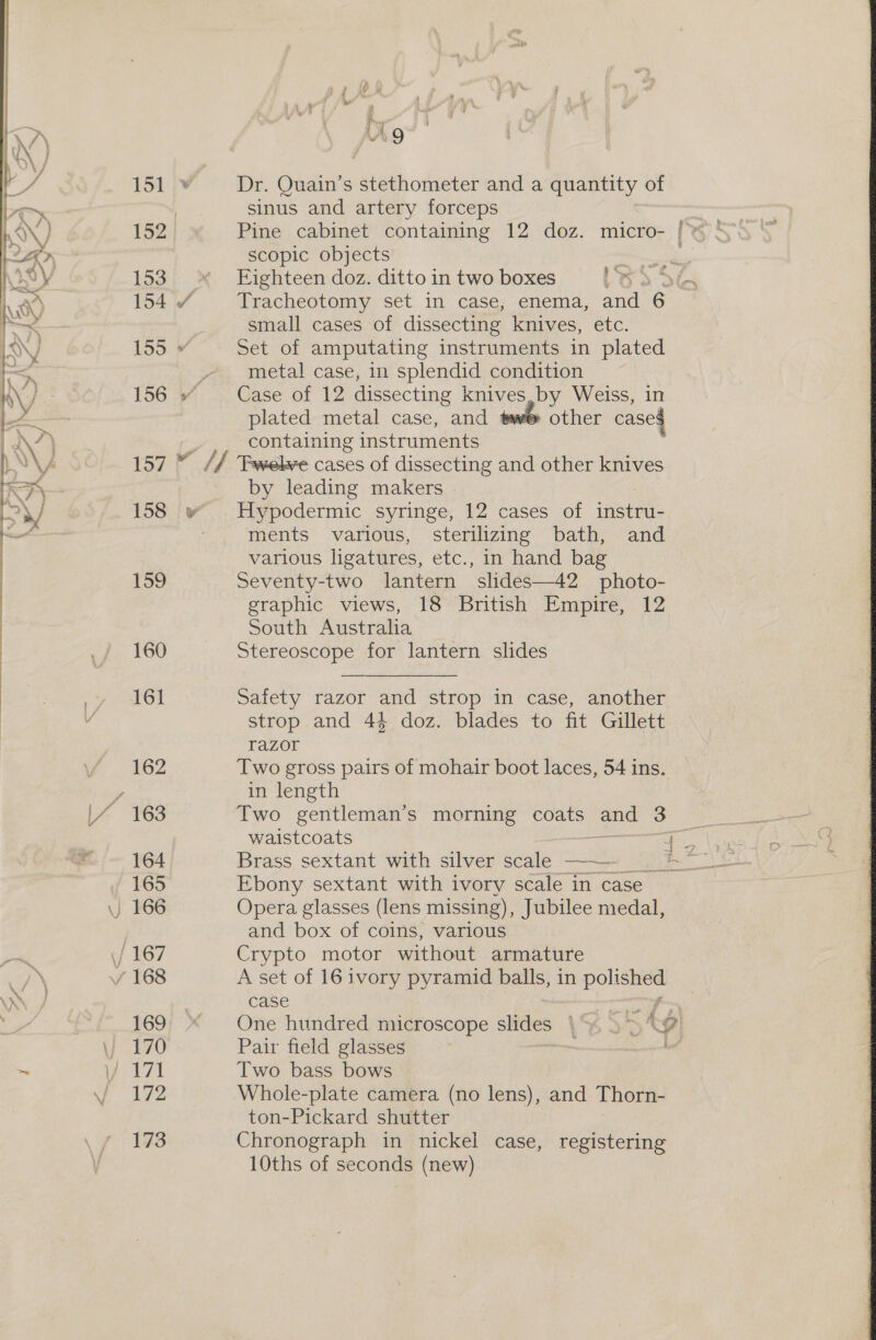 152 153 154 / 155 “ y P 7 9 Dr. Quain’s stethometer and a quantity of sinus and artery forceps scopic objects Eighteen doz. ditto in two boxes small cases of dissecting knives, etc. Set of amputating instruments in plated metal case, in splendid condition Case of 12 dissecting | knives, by Weiss, in plated metal case, and » other cased containing instruments 159 160 162 163 164 165 169 170 172 173 by leading makers Hypodermic syringe, 12 cases of instru- ments various, sterilizing bath, and various ligatures, etc., in hand bag Seventy-two lantern slides—42 photo- graphic views, 18 British Empire, 12 South Australia Stereoscope for lantern slides Safety razor and strop in case, another strop and 44 doz. blades to fit Gillett razor Two gross pairs of mohair boot laces, 54 ins. in length Two gentleman’s morning coats oe 3 waistcoats Brass sextant with silver scale —-— Opera glasses (lens missing), Jubilee medal, and box of coins, various Crypto motor without armature A set of 16 ivory pyramid pees in ge case One hundred niicroscope slides \ Sen Two bass bows Whole-plate camera (no lens), and Thorn- ton-Pickard shutter Chronograph in nickel case, registering 10ths of seconds (new)