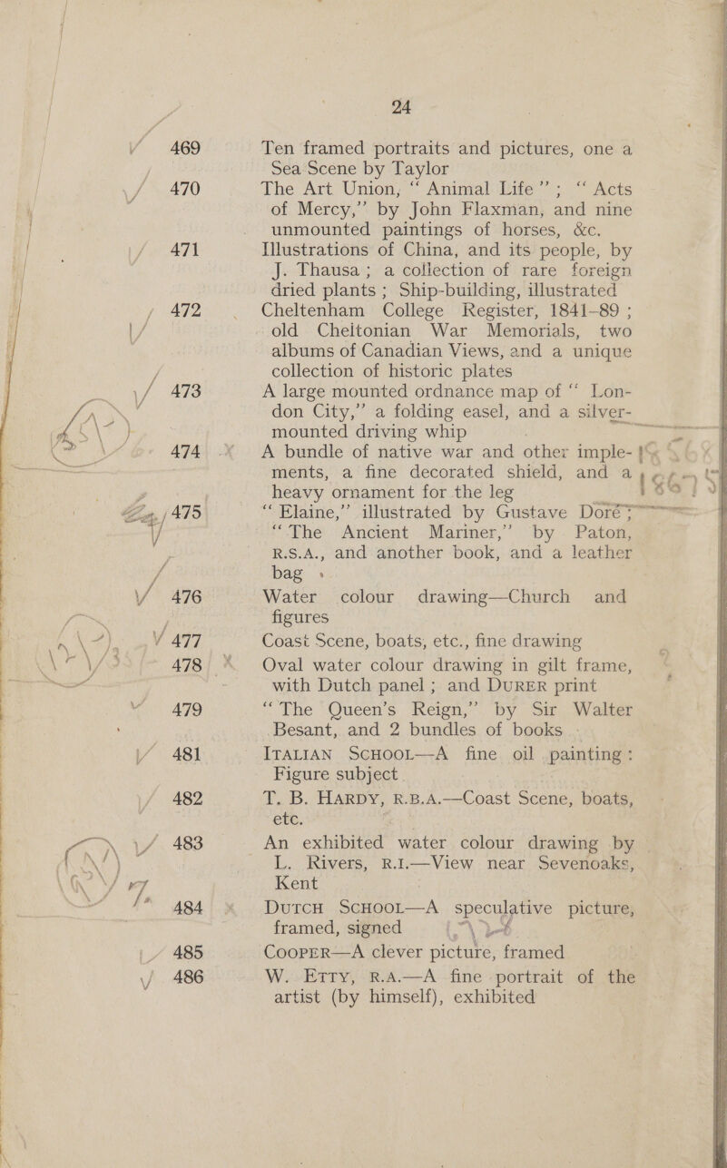 a { i> 469 470 471 472 474 Ten framed portraits and pictures, one a Sea Scene by Taylor The Art Union, “‘ Animal Life’; ‘‘ Acts of Mercy,” by John Flaxman, and nine unmounted paintings of horses, &amp;c. Illustrations of China, and its people, by J. Thausa ; a collection of rare foreign dried plants ; Ship-building, illustrated Cheltenham College Register, 1841-89 ; old Cheitonian War Memorials, two collection of historic plates A large mounted ordnance map of “ Lon- mounted driving whip heavy ornament for the leg ~ Elaine,” illustrated by Gustave Doré3” “The Ancient Mariner,’ by. Paton, R.S.A., and another book, and a leather bag ». Water colour drawin figures Coast Scene, boats, etc., fine drawing Oval water colour drawing in gilt frame, with Dutch panel ; and DuRER print “The Queen’s Reign,” by Sir Walter Besant, and 2 bundles of books - IraLtaN ScHoor—A fine oil painting : Figure subject. T. B. HARDY, R.B.A.—Coast Scene, boats, etc. fe An exhibited water colour drawing by L. Rivers, R.I.—View near Sevenoaks, Kent DutcH ScHoOoL—A speculative picture, framed, signed L- CoopER—A clever picture, Rramied W..EtTy, R.A.—A fine portrait of the artist (by himself), exhibited and 