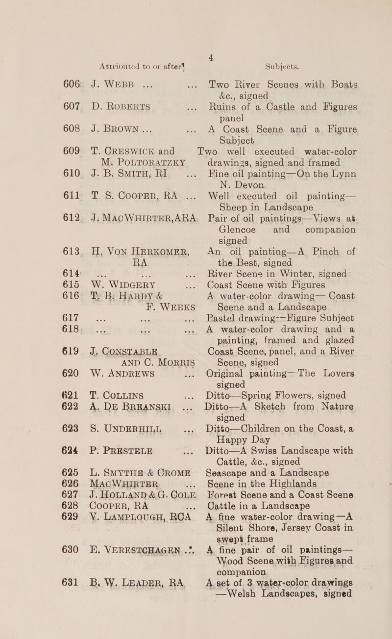 607 608 609 612 615 617 619 620 621 622 623 624 625 626 627 628 630 631 Attributed to or after Subjects. &amp;e., signed D. ROBERTS Ruins of a Castle and Figures panel J. BROWN ... A Coast Scene and a Figure Subject T. CRESWICK and Two. well executed water-color M: POLTORATZKY J. B. SMITH, RI T. S. CooPpER, RA J, MACWHIRTER,ARA H, VON HERKOMER, RA W. WIDGERY Ty B: Harpy &amp; F. WEEKS J, CONSTABLE, AND C. MORRIS W. ANDREWS T. COLLINS A. DE BREANSKI S. UNDERHILL P:; PRESTELE L. SMYTHE: &amp; CROME MAcWHIRTER : J. HOLLAND &amp;G. CoLE COOPER, RA V. - LAMBLQUGH, RCA. EK. VERESTCHAGEN .?. B. W. LEADER, RA, drawings, signed and framed Fine oil painting—On the Lynn N. Devon Well executed oil painting— Sheep in Landscape Pair of oil paintings—Views at Glencoe and companion signed An. oil painting—A Pinch of the. Best, signed River Scene in Winter, signed Coast Scene with Figures A water-color drawing— Coast Scene and a Landscape Pastel drawing-—Figure Subject A water-color drawing and a painting, framed and glazed Coast Scene, panel, and a River Scene, signed Original painting—-The Lovers signed Ditto—Spring Flowers, signed Ditto—A Sketch from Nature signed Ditto—Children on the Coast, a Happy Day Ditto—A Swiss Landscape with Cattle, &amp;c., signed Seascape and a Landscape Scene in the Highlands Forest Scene and a Coast Scene Cattle in a Landscape A: fine water-color drawing —A ‘Silent Shore, Jersey Coast in swept frame A fine pair of oil paintings— Wood Scene with Figures and companion, A. set of, 3. water-color drawings — Welsh a signed
