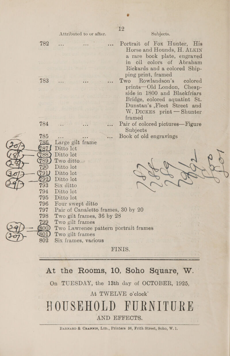 T2 Attributed to or after. Subjects. Toot see ek: ... Portrait of Fox Hunter, His Horse and Hounds, H. ALKIN a rare book plate, engraved in oil colors of Abraham Rickards and a colored Ship- ping print, framed Louse, Ee ss: - .. Two Rowlandson’s colored prints—Old London, Cheap- side in 1800 and Blackfriars Bridge, colored aquatint St. Dunstan’s ,Fleet Street and W. DICKES print — Shunter E framed 184... A. Bs ... Pair of colored pictures—Figure Subjects ne Pe. Book of old engravings Large gilt frame Ditto lot Ditto lot Two ditto,.: Ditto lot Ditto lot Ditto lot Six ditto Ditto lot Ditto lot Four swept ditto Pair of Canaletto frames, 30 by 20 Two gilt frames, 36 by 28 Two gilt frames Two Lawrence pattern portrait frames Two gilt frames Six frames, various   FINIS.  At the Rooms, 10, Soho Square, W. On TUESDAY, the 13th day of OCTOBER, 1925, At TWELVE o’clock’ HOUSEHOLD FURNITURE BARNARD &amp; CRANNIS, Lrp., Printers 36, Frith Street, Soho, W. 1.