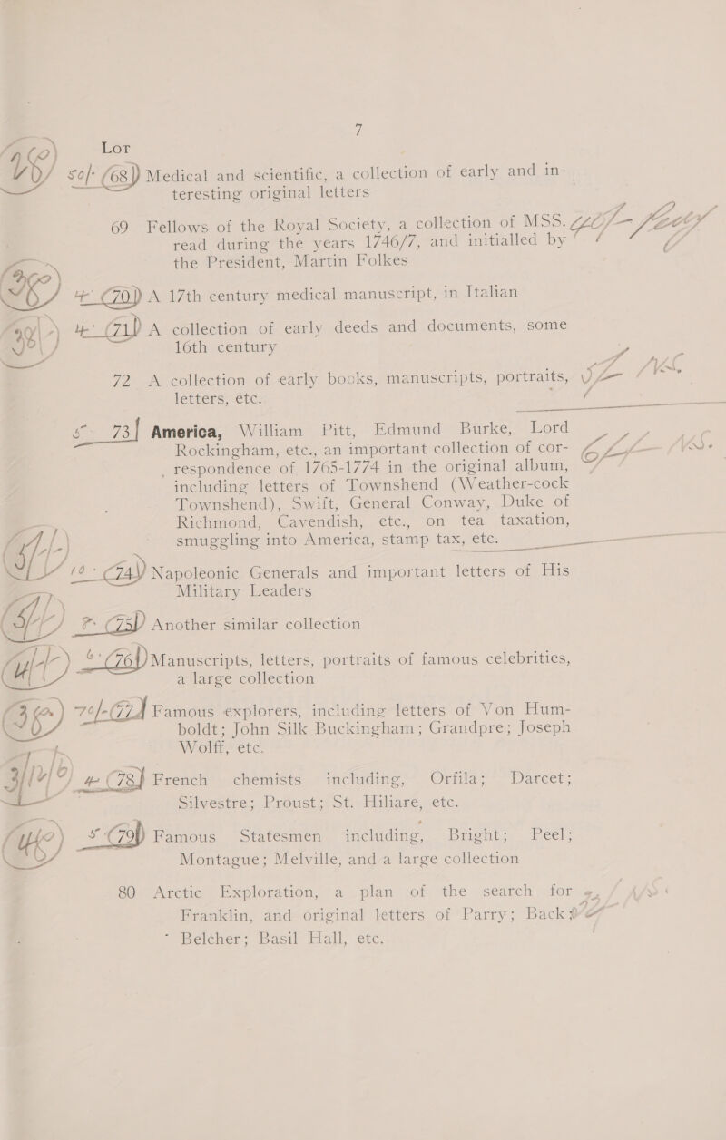 i ,. Fea ay sol: (68) Medical and scientific, a collection of early and in- . ee. teresting original letters | read during the years 1746/7, and initialled byt # the President, Martin Folkes OD wa SE) “4° (70) A 17th century medical manuscript, in Italian “ Y| r) 4: “Dp A collection of early deeds and documents, some a , | % 16th century 72 <A collection of early books, manuscripts, portraits, JZ létters;-Ete. ( er > ee _respondence of 1765-1774 in the original album, including letters of Townshend (Weather-cock | Townshend), Swift, General Conway, Duke of - Richmond, Cavendish, etc., on tea taxation, smugeling into America, stamp tax, etc. Oo aoe < f 6 — a ij p ; (¥ “] e: Zp Another similar collection Ce, - ( 764) Manuscripts, letters, portraits of famous celebrities, a large collection Ty, 7¢/-( | Famous explorers, including letters of Von Hurn- f   Pai  ‘ C74V Napoleonic Generals and important letters of His Ds Military Leaders j \ a boldt; John Silk Buckingham; Grandpre; Joseph Wolff, etc. ) Pr . je} : : ‘ c : [d, ¥) He ( 73} Prencn + Chemists: ‘imcluding,- Ortila; - Darcet; iL; y ‘ae ee : Pt! Silvestre; Proust ss tis Haliare,ncte:  = “2 (Uk?) s Ga) Famous Statésnien imelidins. Brights, . beet. / a Montague; Melville, anda large collection SOs Arctic Beplotation, “a plan ,of “the ,seatch iors, Franklin, and original letters of Parry; Back Vor = Betcher: Basil Elail, etc,