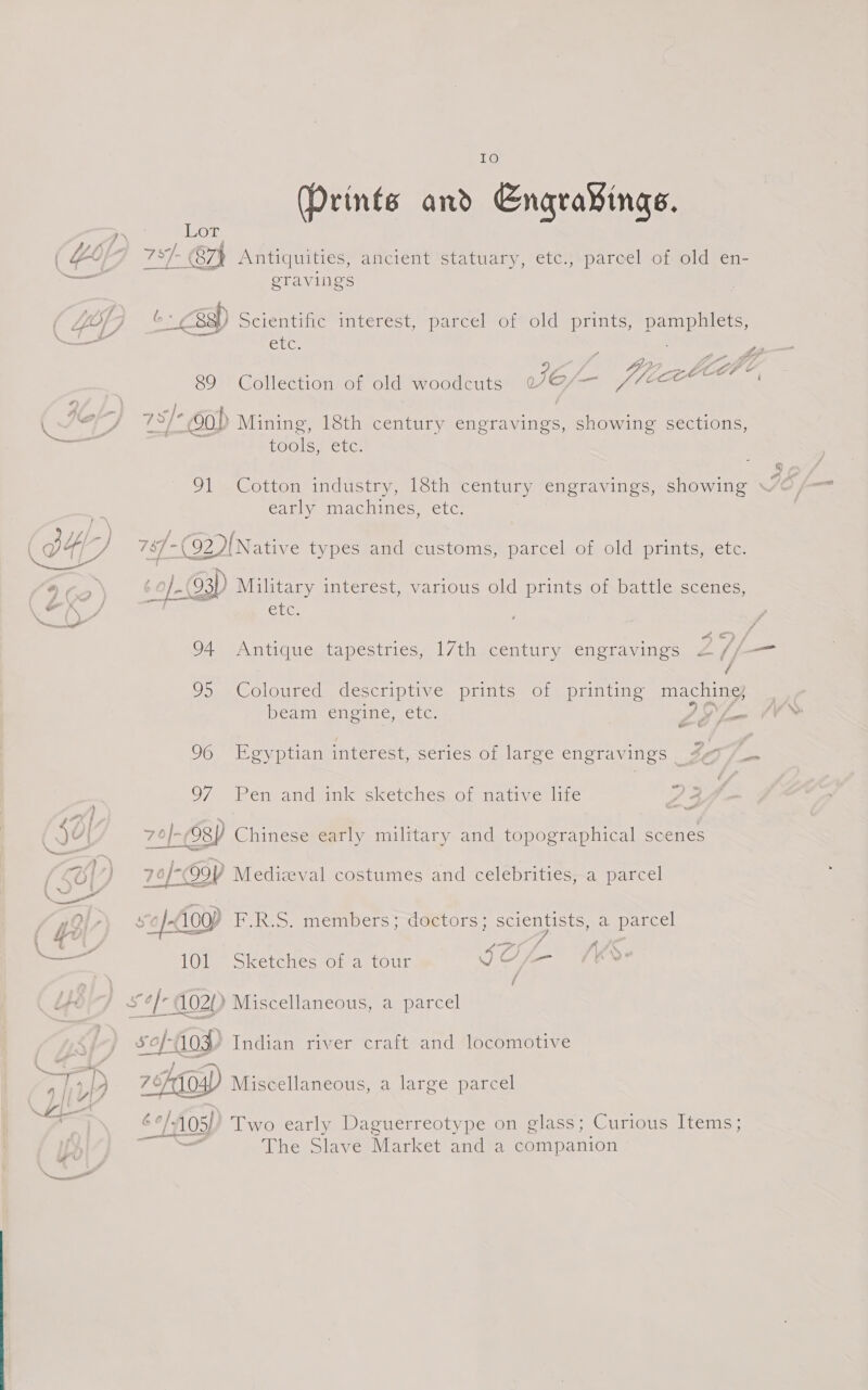 (Prints and Enqra¥ings. “> Ror { Yo 787- eA Antiquities, ancient statuary, etc., parcel of old en- 3 eravings OFF as) Sciemiuve imterest, Parcelmoreold sprints: pn es = aus 7 Sor y 7? WY DG Z 89 Collection of old woodcuts JE i ngs cc ae FS cd | aon : : i ‘dn at Fe 73/° Oo) Mining, 18th century engravings, showing sections, COOISS -Ctce 91 Cotton industry, 18th century engravings, showing © eatly machines. etc: if - ) a: Yi i ° . BY J 76/-(92) [Native Ly peSeeatia (customs, parcel.om oldsprnts mere @r5 6 of. | 93) Military interest, various old prints of battle scenes, il A re: 94 Antique tapestries, 17th century engravings Z /, — / 95 Coloured descriptive prints of printing machine, beam engine, etc. . ASS 96 Egyptian interest, series of large engravings | to 97 Pen and ink sketches of native life 4 at ;  tk / \ : a8 < (J a 7o/-O8P Chinese early military and topographical scenes ,: } ~ ’ coe, {LOI 76/-Q9Y Medieval costumes and celebrities, a parcel cee, , > 0 A 4O1-, soj<l009 F.R.S. members; doctors; scientists, a parcel : “yr ae 2 7 4 \ a age fi ae A posal 101) Sketehes or a tour UO /— Ss 4/- 02 ) Miscellaneous, a parcel sof-103 Indian river craft and locomotive 1,14 Zr Miscellaneous, a large parcel Ty ag Zi ‘/05) Two early Daguerreotype on glass; Curious Items; The Slave Market and a companion