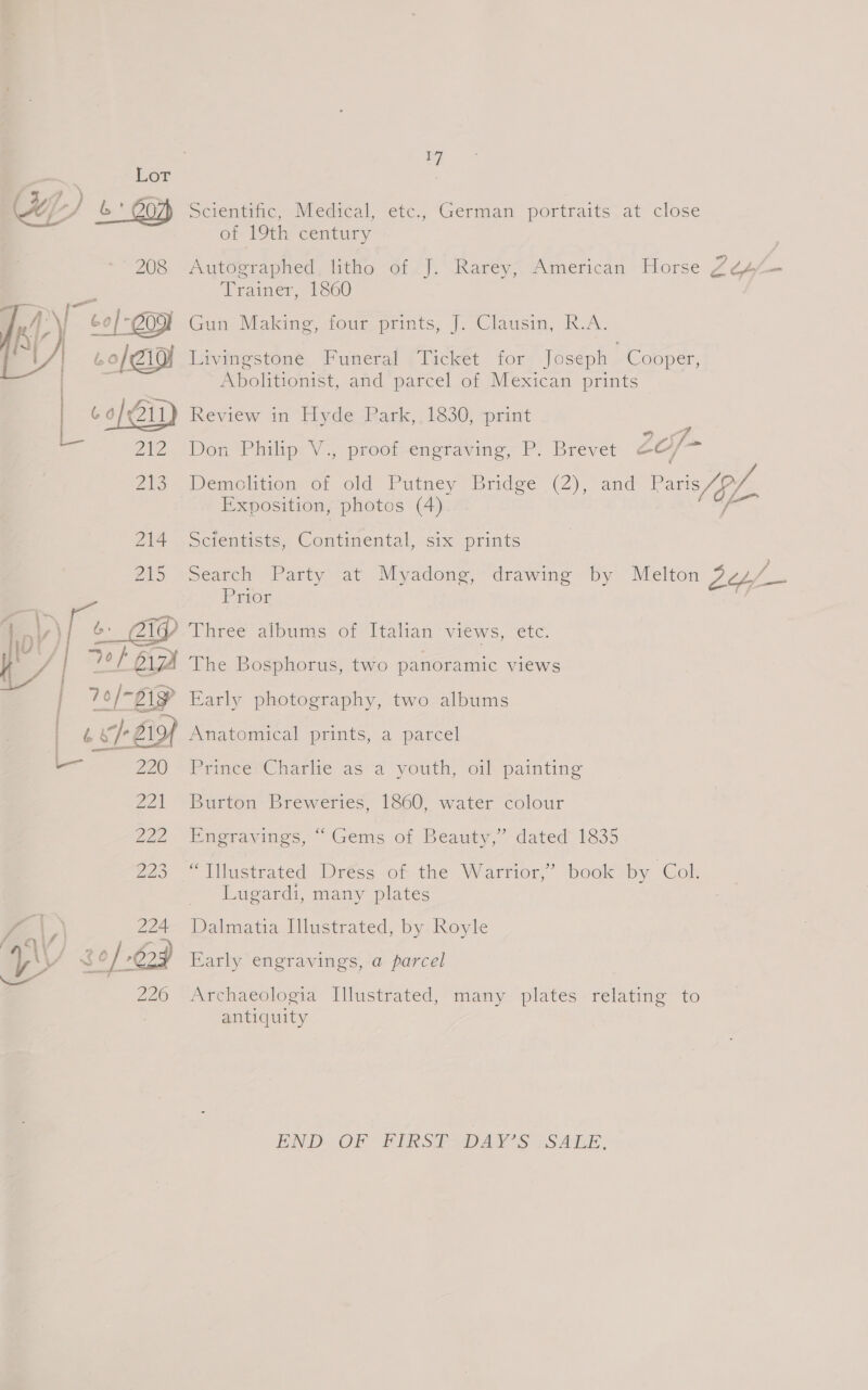  0/10) | A | (0/211) 214 ZS  ef 61 2A 17 Sctentmic, Medical, etc., German portraits. at close or Poth century Autographed litho of J. Rarey, American Horse 2¢4/— Trainer, 1660 Gun Making, four prints, J. Clausin, R.A. Livingstone, Puneral ;Tacket for Joseph - Cooper, Abolitionist, and parcel of Mexican prints Review in Hyde Park,, 1830, print Don Philip, proof-enoravine.P, Brevet 2of- Demolition of old Putney Bridge (2), and Paris /p/ Exposition, photos (4) y Scientists, Continental, six prints Search Party at Myadong, drawing by Melton vee Prior Direc alpums Of italian’ views, “Etc, The Bosphorus, two panoramic views Early photography, two albums Anatomical prints, a parcel Prince Charlie as a youth, oil painting Burton Breweries, 1860, water colour Pneravines, “Gems of Beazty,” dated 1835 _ Lugardi, many plates Dalmatia Illustrated, by Royle Early engravings, a parcel Archaeologia Illustrated, many plates relating to antiquity END OF FIERSPRDAWS “SAGE.