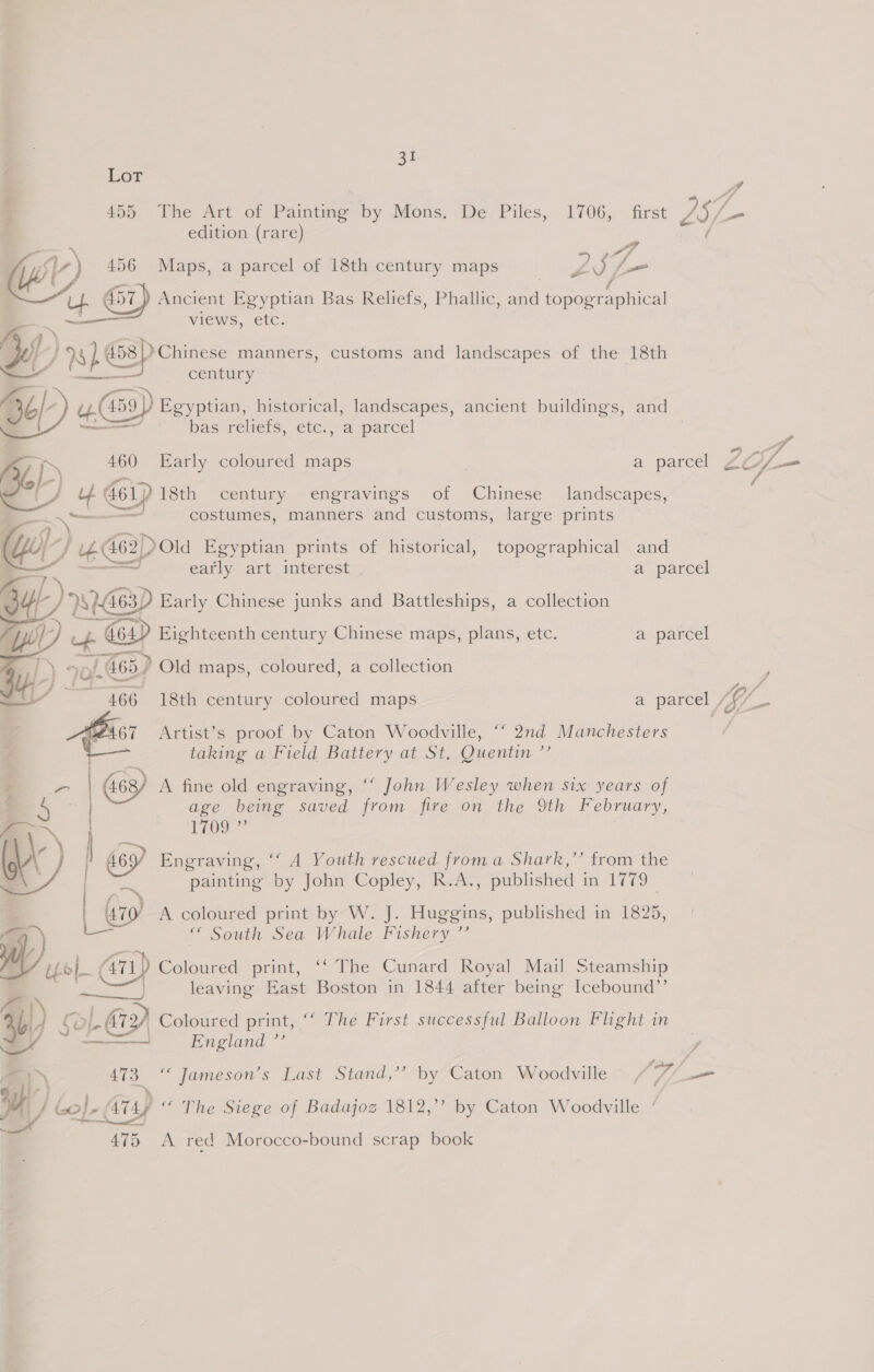 LoT 4po. The Art ot Paintese by Mons. -De. Piles, 1706,. - first hide edition (rare) f usr) £56 Maps, a parcel of 18th century maps Z 257. at  Ur ¢ Ancient Egyptian Bas Reliefs, Phallic, and oes el —— views, etc. Jog) S »Chinese manners, customs and landscapes of the 18th - F id somes = century 6): 4.459] Egyptian, historical, landscapes, ancient buildings, and — bas reliefs, etc..&lt;a parcel , 9 AP 460 Early coloured maps a parcel Z0O/7— 0 es do1p 18th century engravings of Chinese landscapes, ; —\ — costumes, manners and customs, large prints Yo) q 4.662) Old Egyptian prints of historical, topographical and early art interest x parcel  ) 932463) Early Chinese junks and Battleships, a collection &gt; De Goad Eighteenth century Chinese maps, plans, etc. a parcel of. 463) Old maps, coloured, a collection  ~ 466 18th century coloured maps a parcel ff Artist’s proof by Caton Woodville, “‘ 2nd Manchesters taking a Field Battery at St, Quentin ”’  ra (63) A fine old engraving, “ John Wesley when six years of age being saved from fire on the 9th February, TTOOe” o \ ; Spig KC) 469) Engraving, ‘ A Youth rescued froma Shark,” from the painting by John Copley, R.A., published in 1779 | 470 A coloured print by W. J. Huggins, published in 1825, aa) = “ South Sea Whale Fishery ’’ W b1 sa aes print, ‘‘ The Cunard Royal Mail Steamship leaving East Boston in 1844 after being Icebound’’ Lo Lay Coloured print, ‘ The First successful Balloon Flight in 2 and England ”’ ) a \ 473 “ Jameson’s Last Stand,’’ by Caton Woodville (Fi —_ Mi / &lt;0} &gt; (is) “ The Siege of Badajoz 1812,” by Caton Woodville ‘ “45 A red Morocco-bound scrap book
