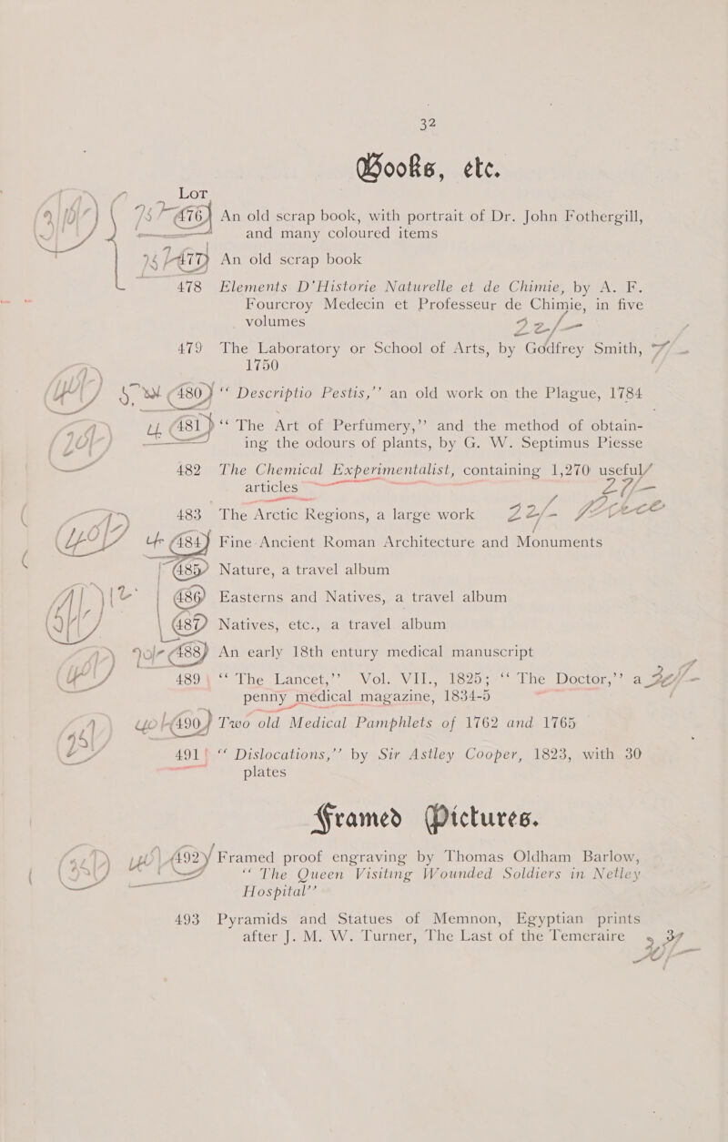 Wooks, ete. fq) Bop N f a =: ; : ADIT | 9K &amp;® An old scrap book, with portrait of Dr. John Fothergill, Ne — —-A and many coloured items “Mt Sf Lr An old scrap book 178 Elements D’Historie Naturelle et de Chimie, by A. F. Fourcroy Medecin et Professeur de Chimie, in five _ volumes So be a —/ 479 The Laboratory or School of Arts, by Godfrey Smith, 1750 ¥ a Yu ar “The Art of Perfumery,’’ and the method of obtain- H ——= ing the odours of plants, by G. W. Septimus Piesse — 482 The Chemical Experimentalist, containing 1,270 useful/ Antic Ocmems | nie [a ees / i) - of» rm 483 Site Arctic Regions, a large work Zz elo XX Vee ; /484 PEincm ancient Roman Architecture and Monuments  Gs Nature, a travel album || | [| &amp;9 Easterns and Natives, a travel album At i 487) Natives, etc., a travel album i Jor C88) An early 18th entury medical manuscript penny 3 medical magazine, 1834-5 Lavo) Two old: Medical Pamphlets of 1762 and 1765 qd = 491° “* Dislocations,’’ by Sir Astley Cooper, 1823, with 30 —— plates Framed Pictures. &lt; Tia ys Agry Framed proof engraving by Thomas Oldham Barlow, Po ba F keeiget ie ‘““The Queen Visiting Wounded Soldiers in Netle y ee Hospital’’ 493 Pyramids and Statues of Memnon, Egyptian prints