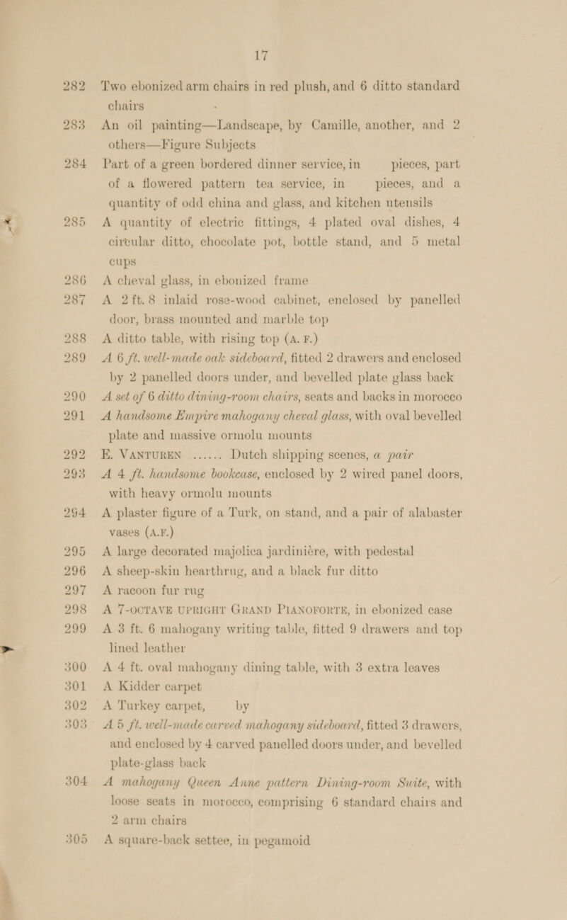  304 Two ebonized arm chairs in red plush, and 6 ditto standard An oil painting—Landscape, by Camille, another, and 2 others—Figure Subjects Part of a green bordered dinner service, in pieces, part of a flowered pattern tea service, in pieces, and a quantity of odd china and glass, and kitchen utensils A quantity of electric fittings, 4 plated oval dishes, 4 circular ditto, chocolate pot, bottle stand, and 5 metal cups A cheval glass, in ebonized frame A 2ft.8 inlaid rose-wood cabinet, enclosed by panelled door, brass mounted and marble top A ditto table, with rising top (A. F.) A 6 ft. well-made oak sideboard, fitted 2 drawers and enclosed by 2 panelled doors under, and bevelled plate glass back A set of 6 ditto dining-room chairs, seats and backs in morocco A handsome Empire mahogany cheval glass, with oval bevelled plate and massive ormolu mounts KE. VANTUREN ...... Dutch shipping scenes, a pair A 4 ft. handsome bookcase, enclosed by 2 wired panel doors, with heavy ormolu mounts A plaster figure of a Turk, on stand, and a pair of alabaster vases (A.F.) A large decorated majolica jardiniére, with pedestal A sheep-skin hearthrug, and a black fur ditto A racoon fur rug A 7-OCTAVE UPRIGHT GRAND PIANOFORTE, in ebonized case lined leather A 4 ft. oval mahogany dining table, with 3 extra leaves A Kidder carpet A Turkey carpet, by A 5 ft. well-made carved mahogany sideboard, fitted 3 drawers, and enclosed by + carved panelled doors under, and bevelled plate-glass back A mahogany Queen Anne pattern Dining-room Suite, with loose seats in morocco, comprising 6 standard chairs and 2 arm chairs A square-back settee, in pegamoid