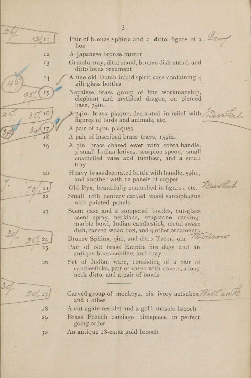 rs eS Pay ° ; 6 FZ. ad é ff, 11 | _ Pair of bronze sphinx and a ditto figure of a. ~@er Clam ea ae lion , EZ A Japanese bronze mirror 13 Ormolu tray, ditto stand, bronze dish stand, and A ditto lotus ornament 7 Ba) I4 “ A fine old Dutch inlaid spirit case containing 4 a ae gilt glass bottles Nepalese brass group of fine workmanship, elephant and mythical dragon, on pierced base, 74in. 24in. brass plaque, decorated in relief with “DQ pate figures of birds and animals, etc. Ghee    A pair of 14in. plaques A pair of inscribed brass trays, 154in. A 7in. brass chased*ewer with cobra handle, 3 small Indian knives, scorpion spoon, small enamelled vase and tumbler, and a small tray ) 20 Heavy brass decorated bottle with handle, 54in., Sil rae ae Rot and another with 12 panels of copper i Ne, ae Old Pyx, beautifully enamelled in figures, etc. P2ee Shas —— z ae ae Small 18th century carved wood sarcophagus 4 with painted panels a Scent case and 2 stoppered bottles, cut-glass scent spray, necklace, soapstone carving, marble bowl, Indian candlestick, metal sweet dish, carved wood box, and g other ornaments Bronze Sphinx, gin., and ditto Tazza, gin. ee: ree Pair of old brass Empire fire dogs and an antique brass snuffers and tray  26 Set of Indian ware, consisting of a pair of candlesticks, pair of vases with covers, a long neck ditto, and a pair of bowls Se eo en es : eS / Gor an | Carved group of monkeys, six ivory netsukes,//2Z2 € @// ea and 1 other | —_——— 28 A cut agate necklet and a gold mosaic brooch 29 Brass French carriage timepiece in perfect going order