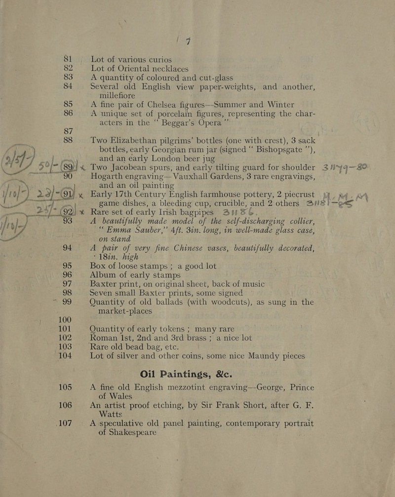 81 82 83 84 85 86 87 88 a 100 101 102 103 105 106 Lot of various curios Lot of Oriental necklaces A quantity of coloured and cut-glass Several old English view paper-weights, and another, millefiore A fine pair of Chelsea figures—-Summer and Winter A unique set of porcelain figures, representing the char- acters in the “‘ Beggar’s Opera ”’ Two Elizabethan pilgrims’ bottles (one with crest), 3 sack bottles, early Georgian rum jar (signed “ Bishopsgate ’’), and an early London beer jug Two Jacobean spurs, and early tilting guard for shoulder Hogarth engraving— Vauxhall Gardens, 3 rare engravings, and an oil painting yx Early 17th Century English farmhouse pottery, 2 piecrust game dishes, a bleeding cup, crucible, and 2 others 3! Rare set of early Irish bagpipes Bu 86 A beautifully made model of the self-discharging collier, “Emma Sauber,” Aft. 3in. long, in well-made glass case, on stand A pair of very fine Chinese vases, beautifully decorated, ‘18in. high Box of loose stamps ; a good lot Album of early stamps Baxter print, on original sheet, back of music Seven small Baxter prints, some signed Quantity of old ballads (with woodcuts), as sung in the market-places Quantity of early tokens ; many rare Roman Ist, 2nd and 3rd brass ; a nice lot Lot of silver and other coins, some nice Maundy pieces Oil Paintings, &amp;c. A fine old English mezzotint engraving—-George, Prince of Wales An artist proof etching, by Sir Frank Short, after G. F. Watts of Shakespeare ony