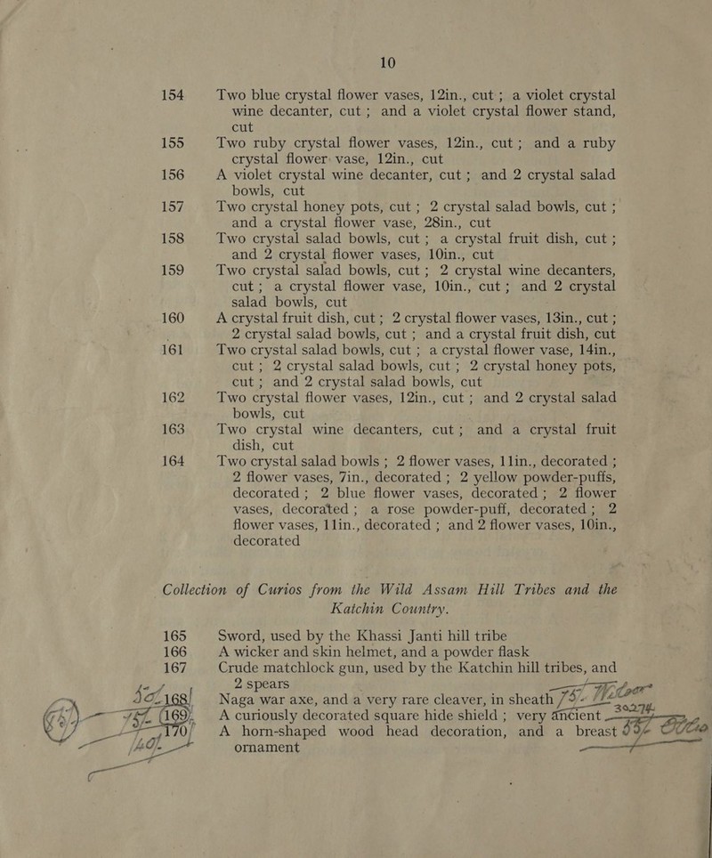  154 Two blue crystal flower vases, 12in., cut; a violet crystal wine decanter, cut; and a violet crystal flower stand, 155 Two ruby crystal flower vases, 12in., cut; and a ruby 156 A violet crystal wine decanter, cut; and 2 crystal salad bowls, cut 157 Two crystal honey pots, cut ; 2 crystal salad bowls, cut ; and a crystal flower vase, 28in., cut 158 Two crystal salad bowls, cut ; a crystal fruit dish, cut ; and 2 crystal flower vases, 10in., cut 159 Two crystal salad bowls, cut; 2 crystal wine decanters, cut ; a crystal flower vase, 10in., cut; and 2 crystal salad bowls, cut 160 A crystal fruit dish, cut ; 2 crystal flower vases, 13in., cut ; 2 crystal salad bowls, cut ; and a crystal fruit dish, cut 161 Two crystal salad bowls, cut ; a crystal flower vase, 14in., cut ; 2 crystal salad bowls, cut ; 2 crystal honey pots, cut ; and 2 crystal salad bowls, cut | 162 Two crystal flower vases, 12in., cut ; and 2 crystal salad bowls, cut 163 Two crystal wine decanters, cut; and a crystal fruit dish, cut 164 Two crystal salad bowls ; 2 flower vases, 1lin., decorated ; 2 flower vases, 7in., decorated ; 2 yellow powder-pufis, decorated ; 2 blue flower vases, decorated; 2 flower vases, decorated ; a rose powder-puff, decorated; 2 flower vases, l1lin., decorated ; and 2 flower vases, 10in., decorated Collection of Curios from the Wild Assam Hill Tribes and the Katchin Country. 165 Sword, used by the Khassi Janti hill tribe 166 A wicker and skin helmet, and a powder flask 167 Crude matchlock gun, used by the Katchin hill tribes, and 2 spears ast Wf oar 7 57. Wee Naga war axe, and a very rare cleaver, in sheath 7 5027. A horn-shaped wood head decoration, and a _ breast 0% ornament _—— 