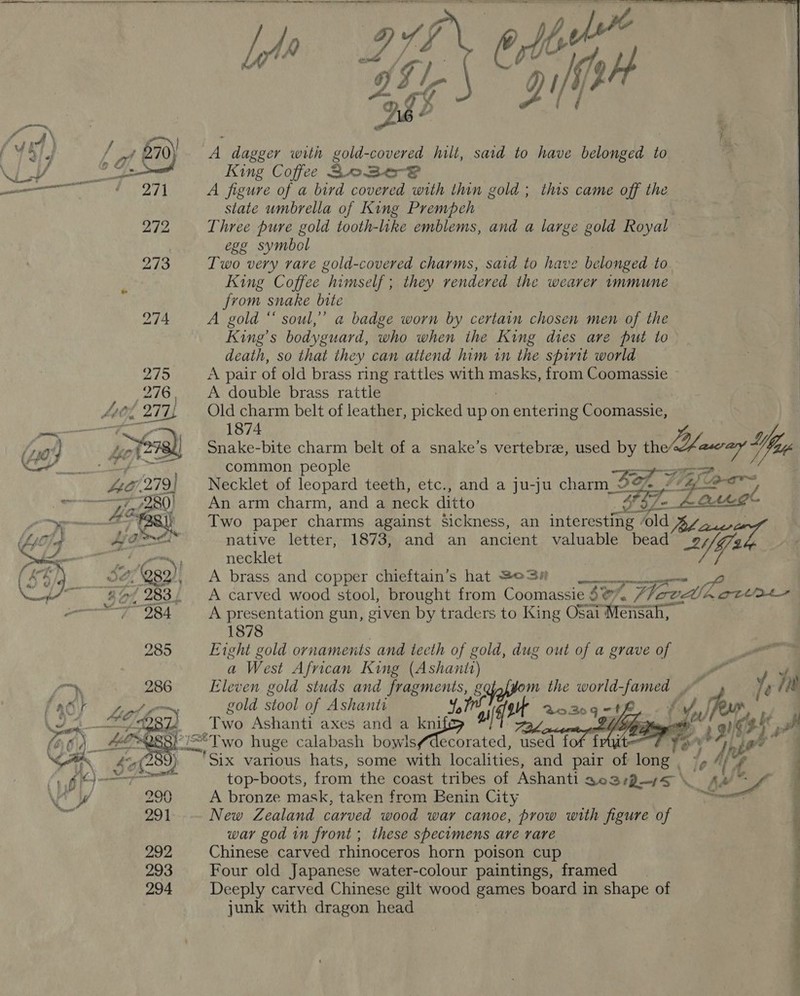   A dagger with gold-covered hilt, said to have belonged to King Coffee 3°23¢°@ A figure of a bird covered with thin gold ; this came off the state umbrella of King Prempeh Three pure gold tooth-like emblems, and a large gold Royal — ege symbol Two very rare gold-covered charms, said to have belonged to King Coffee himself; they rendered the wearer immune from snake bite A gold “‘ soul,” a badge worn by certain chosen men of the King’s bodyguard, who when the King dies are put to death, so that they can attend him in the spint world A pair of old brass ring rattles with masks, from Coomassie A double brass rattle Old charm belt of leather, picked up on entering Coomassie, : 1874 Zyl y Snake-bite charm belt of a snake’s vertebre, used by the’ ngs Vey common people ket | Necklet of leopard teeth, etc., and a ju-ju charm 3% 73 ih Le An arm charm, and a neck ditto S87 = Bethe Pr Two paper charms against Sickness, an interesting » old By necklet A brass and copper chieftain’s hat Se3 A carved wood stool, brought from Coomassie ese% Wewdke ort A presentation gun, given by traders to King Osat Wensah, 1878 Eight gold ornamen ts and tecth of gold, dug out of a grave of a West African King (Ashanit) Pag! e Eleven gold studs and fragments, g m the world he ff if ‘it gold stool of Ashanti Yo Witte %o30q Two Ashanti axes and a Sed Zi vA inl wo huge calabash bowlsfdecorated, fe fo it ‘Six various hats, some with localities, and pair of long , ‘, 4 top-boots, from the coast tribes of Ashanti R031°2—1S \. elf A bronze mask, taken from Benin City Pe aeicei New Zealand carved wood war canoe, prow with figure of war god in front ; these specimens are rare 4 Chinese carved rhinoceros horn poison cup ‘ Four old Japanese water-colour paintings, framed Deeply carved Chinese gilt wood games board in shape of junk with dragon head ,      