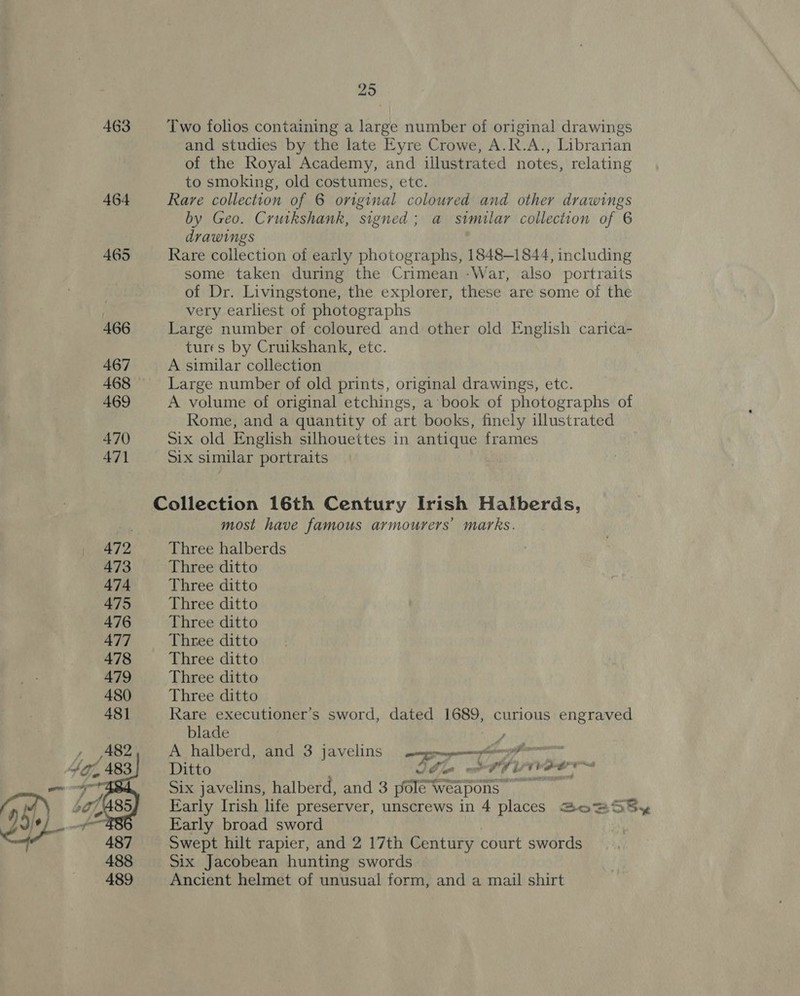 295 463 Two folios containing a large number of original drawings and studies by the late Eyre Crowe, A.R.A., Librarian of the Royal Academy, and illustrated notes, relating to smoking, old costumes, etc. 464 Rare collection of 6 original coloured and other drawings by Geo. Cruikshank, signed; a similar collection of 6 drawings 465 Rare collection of early photographs, 1848-1844, including some taken during the Crimean -War, also portraits of Dr. Livingstone, the explorer, these are some of the very earliest of photographs 466 Large number of coloured and other old English carica- tures by Cruikshank, etc. 467 A similar collection 468 Large number of old prints, original drawings, etc. 469 A volume of original etchings, a*‘book of photographs of Rome, and a quantity of art books, finely illustrated 470 Six old English silhouettes in antique frames 471 Six similar portraits Collection 16th Century Irish Halberds, most have famous armourers’ marks. 472 Three halberds 473 Three ditto 474 Three ditto 475 Three ditto 476 Three ditto 477 Three ditto 478 Three ditto 479 Three ditto 480 Three ditto 481 Rare executioner’s sword, dated 1689, curious engraved blade , A halberd, and 3 javelins age A PRSEN Ditto Ife « he veers Six javelins, halberd, and 3 pole weapons Early Irish life preserver, unscrews in 4 places @Sow5S sits Early broad sword Six Jacobean hunting swords Ancient helmet of unusual form, and a mail shirt 