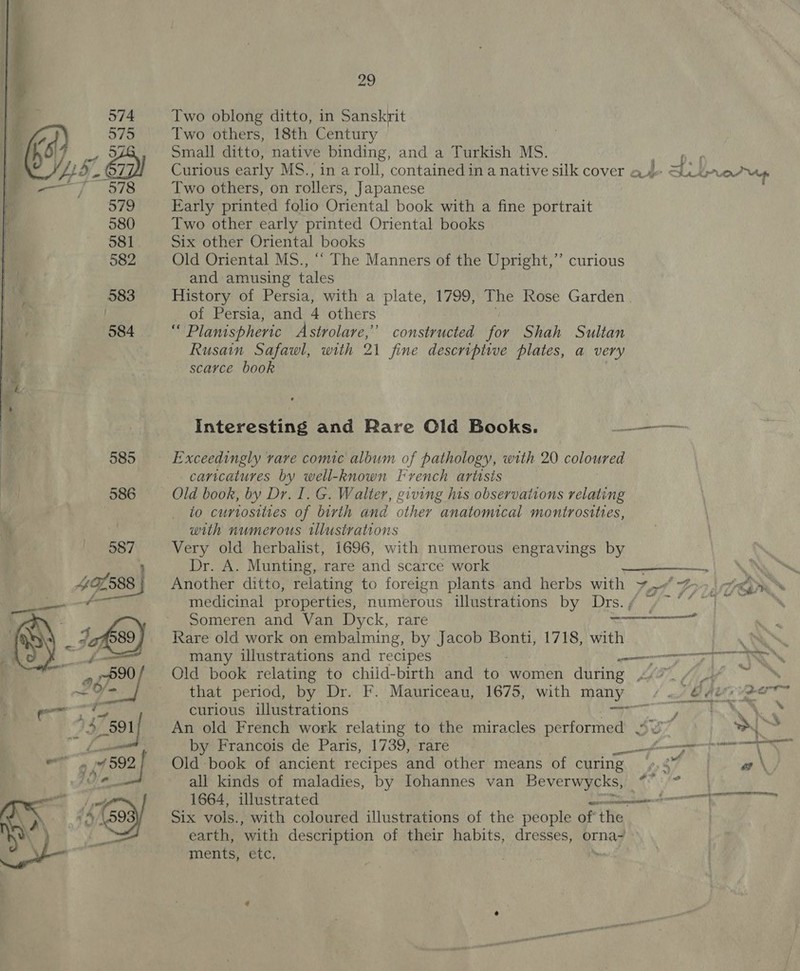   Two oblong ditto, in Sanskrit Two others, 18th Century | Small ditto, native binding, and a Turkish MS. Prt Curious early MS., in a roll, contained ina native silk cover au Stray Two others, on rollers, Japanese Early printed folio Oriental book with a fine portrait Six other Oriental books Old Oriental MS., “‘ The Manners of the Upright,” curious and amusing tales History of Persia, with a plate, 1799, The Rose Garden of Persia, and 4 others ““Planispheric Astrolare,’”’ constructed for Shah Sultan Rusain Safawl, with 21 fine descriptive plates, a very scarce book Interesting and Rare Old Books. Se SRS Exceedingly vave comic album of pathology, with 20 coloured caricatures by well-known ivench arttsis Old book, by Dr. I. G. Walter, giving his observations relating to curvosities of birth and other anatomical montrosities, with numerous illustrations Very old herbalist, 1696, with numerous engravings by Dr. A. Munting, rare and scarce work Rrra, 2! Ne RN Another ditto, relating to foreign plants and herbs with Jot, $50 ira medicinal properties, numerous illustrations by Drs. ; Ce A ae Someren and Van Dyck, rare = ca Rare old work on embalming, by Jacob Bonti, 1718, with * is many illustrations and recipes —&lt;—&gt; TS Old book relating to child-birth and tah women during 47.“ 4f ~ ™ that period, by Dr. F. Mauriceau, 1675, with many &lt;1 CA curious illustrations whee To AN, WH, An old French work relating to the miracles performed ,’ rg : SN by Francois de Paris, 1739, rare ee eee came CA Old book of ancient recipes and other means of curing 7 a4 ao all kinds of maladies, by Iohannes van Beverwycks, » ORY coat: 1664, illustrated Se eee Six vols., with coloured illustrations of the people of the earth, ‘with description of their habits, dresses, orna- ments, etc, .