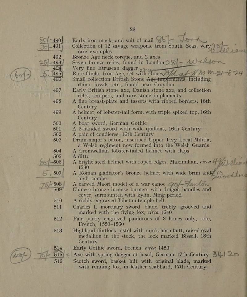 Early iron mask, and suit of mail BS L_- a, A, rare examples Bronze Age neck torque, and 2 axes Seven bronze relics, found in London Sy Very fine Etruscan dagger .a, , Rare fibula, Iron Age, set wit ‘Sones Small collection British Stone ¢ rhino. fossils, etc., found near Croydon Early British stone axe, Danish stone axe, and baiecen celts, scrapers, and rare stone implements A fine breast-plate and tassets with ribbed borders, 16th Centur A helmet, of lobster- tail form, with triple spiked top, 16th Century A boar sword, German Gothic A 2-handed sword with wide quillons, 16th Century A pair of condieres, 16th Century Drum-major’s baton, inscribed Upper Tivy’Local Militia, a Welsh regiment now formed into the Welsh Guards A Cromwellian lobster-tailed helmet with flaps A ditto    nts, including     1530 high combe oo A carved Maori model of a war canoe ¢7O/— Ze hin. Chinese bronze incense burners with 7a handles and cover, surmounted with kylin, Ming period A richly engraved Tibetan temple bell Charles I. mortuary sword blade, trebly grooved and marked with the flying fox, civca 1640 Pair partly engraved pauldrons of 3 lames only, rare, French, 1550-1560 Highland flintlock pistol with ram’s-horn butt, raised oval medallion in the stock, the lock marked Bissell, 18th Century Early Gothic sword, French, circa 1450 Scotch sword, basket hilt with original blade, marked with running fox, in leather scabbard, 17th Century
