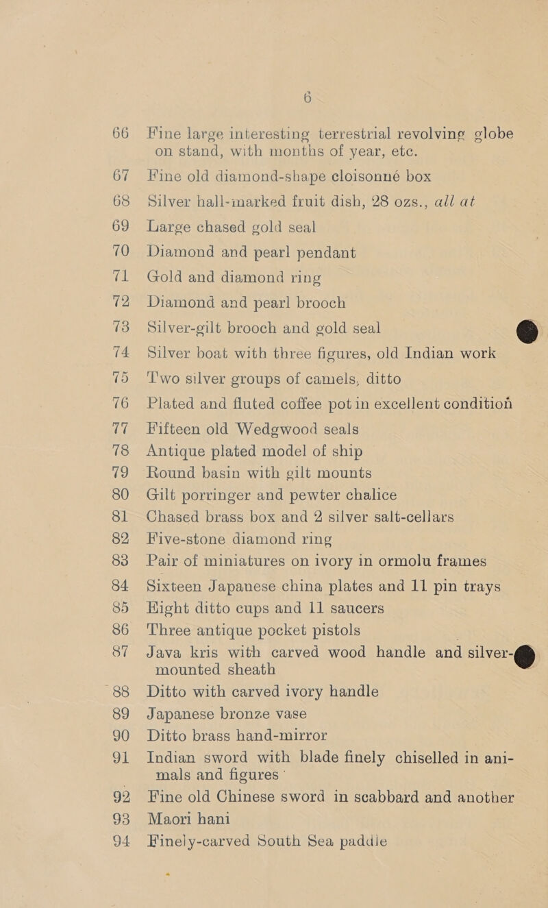 88 89 90 91 92 93 94 6 Fine large interesting terrestrial revolving globe on stand, with months of year, etc. Fine old diamond-shape cloisonné box Silver hall-marked fruit dish, 28 ozs., all at Large chased gold seal Diamond and pearl pendant Gold and diamond ring Diamond and pearl brooch Silver-gilt brooch and gold seal @ Silver boat with three figures, old Indian work L'wo silver groups of camels, ditto Plated and fluted coffee pot in excellent condition Fifteen old Wedgwood seals Antique plated model of ship — Round basin with gilt mounts Chased brass box and 2 silver salt-cellars Five-stone diamond ring Pair of miniatures on ivory in ormolu frames Sixteen Japanese china plates and 11 pin trays Hight ditto cups and 11 saucers Three antique pocket pistols Java kris with carved wood handle and silver-@ mounted sheath &lt;i Ditto with carved ivory handle Japanese bronze vase Ditto brass hand-mirror Indian sword with blade finely chiselled in ani- mals and figures ° | Fine old Chinese sword in scabbard and another Maori hani Finely-carved South Sea paddle