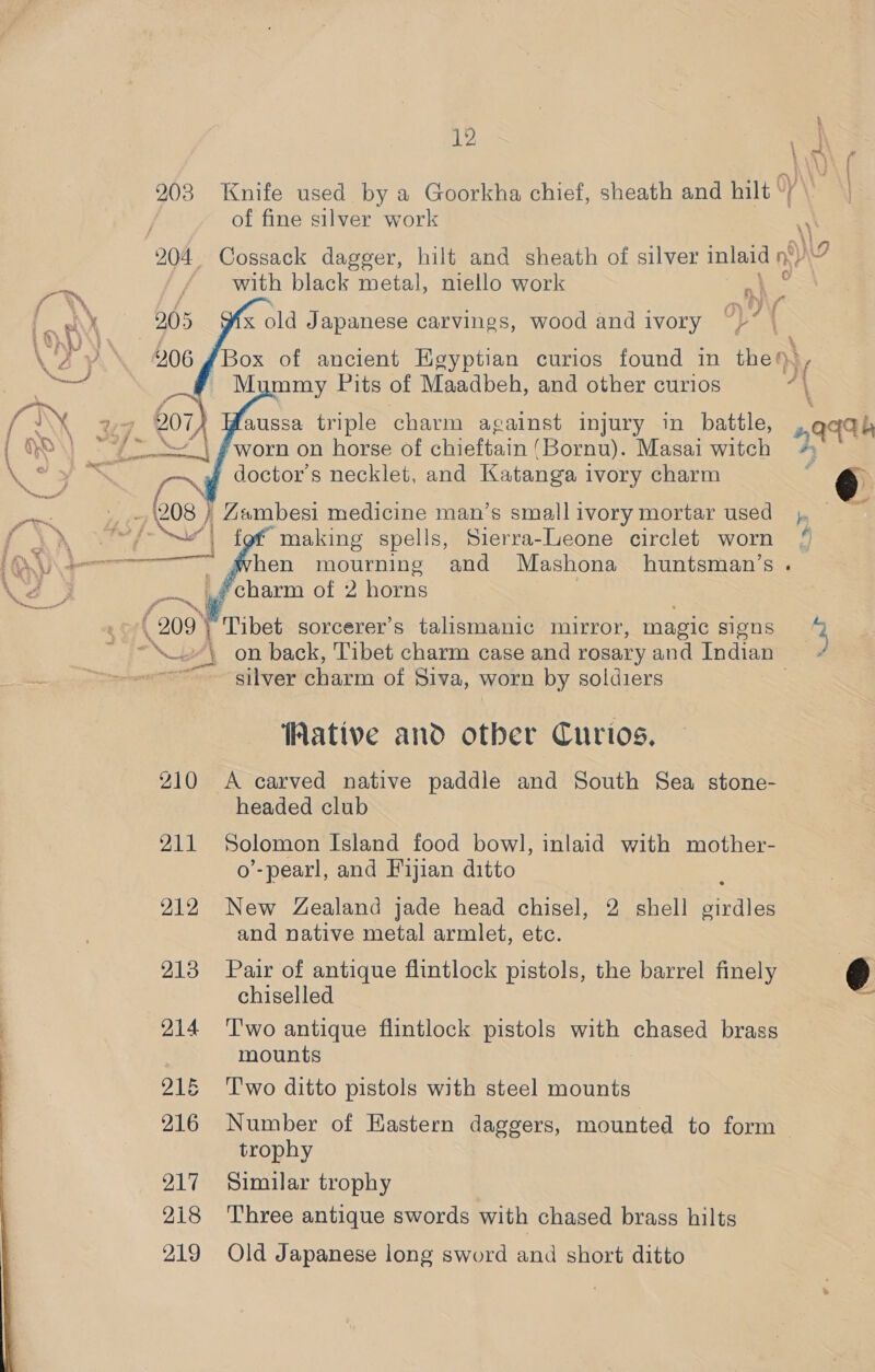 ‘ wo) 203 Knife used by a Goorkha chief, sheath and hilt % . of fine silver work 204 Cossack dagger, hilt and sheath of silver inlaid » n\) with black metal, niello work 2 ~ YS  205 x old Japanese carvings, wood and ivory “pe foot M mmy Pits of Maadbeh, and other curios zi 207, aussa triple charm against injury in battle, AAG worn on horse of chieftain ‘Bornu). Masai witch doctor's necklet, and Katanga ivory charm     /-\A\ tog making spells, Sierra-Leone circlet worn /) hen mourning and Mashona huntsman’s . charm of 2 horns | silver charm of Siva, worn by soldiers Wative and other Curios, 210 &lt;A carved native paddle and South Sea stone- headed club 211 Solomon Island food bowl, inlaid with mother- o’-pearl, and Fijian ditto 212 New Zealand jade head chisel, 2 shell girdles and native metal armlet, etc. 213 Pair of antique flintlock pistols, the barrel finely ¢ chiselled : 214 ‘Two antique flintlock pistols with chased brass mounts 216 ‘'T'wo ditto pistols with steel mounts 216 Number of Eastern daggers, mounted to form — trophy 217 Similar trophy 218 Three antique swords with chased brass hilts 219 Old Japanese long sword and short ditto