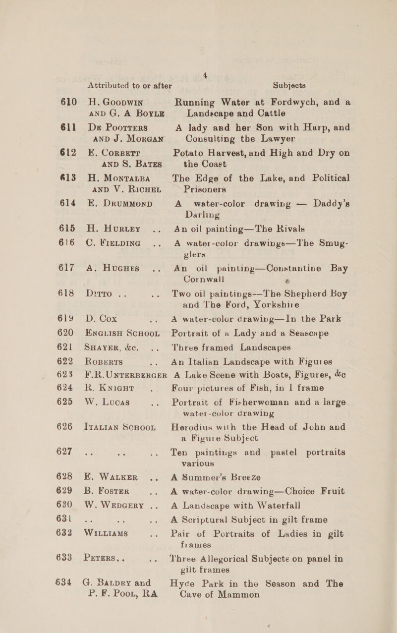 610 611 612 613 614 615 616 617 618 619 620 621 622 623 624 625 626 627 628 629 630 631 632 633 634 Attributed to or after H. Goopwin AND G. A BoyLE De Poorrers AND J. MorGAN E. CorBEtTT AND S. BATES H. MontTanBa AND V. RICHEL E, DrumMMonpD H. Hvurwery C. FIELDING A. HucuHes Ditto .. D. Cox ENGLISH SCHOOL SHAYER, We. ROBERTS F.R.UONTERBERGER R. Kyieut W. Lucas ITALIAN SCHOOL EK. WALKER B. Foster W. WEDGERY .. WILLIAMS PETERS... G. Baupry and P. F. Poot, RA Subjects Running Water at Fordwych, and a Landecape and Cattle A lady and her Son with Harp, and Consulting the Lawyer Potato Harvest,and High and Dry on the Coast The Edge of the Lake, and Political Prisoners A water-color drawing — Daddy’s Darling An oil painting—The Rivals A water-color drawings—The Smug- vlers An oil painting—Constantine Bay Cornwall r Two oil paintings-—-The Shepherd Boy and The Ford, Yorkshire A water-color drawing—In the Park Portrait of » Lady and a Seascape Three framed Landscapes An Italian Landscape with Figures A Lake Scene with Boats, Figures, &amp; Four pictures of Fish, in | frame Portrait of Fisherwoman and a large water-color drawing Herodius with the Head of John and a Figure Subject Ten paintings and pastel portraits various A Summer’s Breeze A water-color drawing—Choice Fruit A Landscape with Waterfall A Scriptural Subject in gilt frame Pair of Portraits of Ladies in gilt frames Three Allegorical Subjecte on panel in gilt frames Hyde Park in the Season and The Cave of Mammon