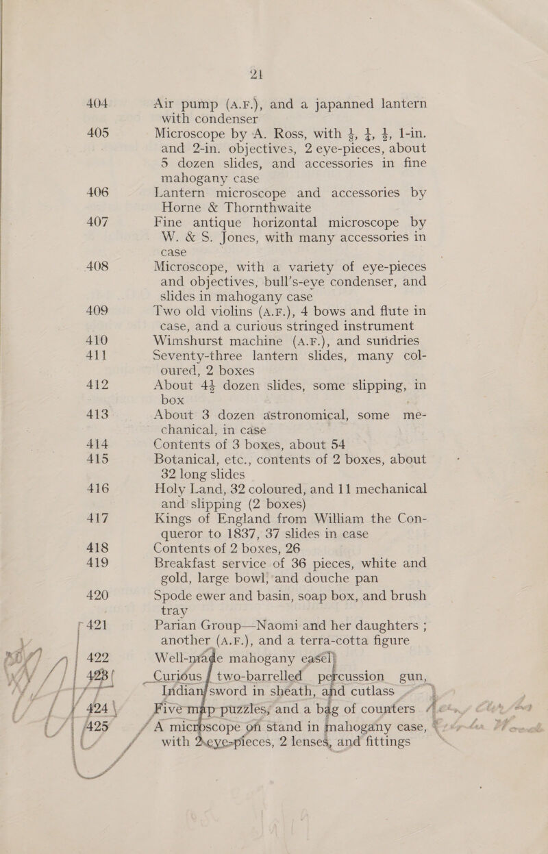 aad 404 Air pump (A.F.), and a japanned lantern with condenser 405 Microscope by ‘A. Ross, with 3, 4, 4, 1-in. and 2-in. objectives, 2 eye-pieces, about 5 dozen slides, and accessories in fine mahogany case 406 Lantern microscope and accessories by Horne &amp; Thornthwaite 407 Fine antique horizontal microscope by W. &amp; S. Jones, with many accessories in case 408 Microscope, with a variety of eye-pieces and objectives, bull’s-eye condenser, and slides in mahogany case 409 Two old violins (A.F.), 4 bows and flute in case, and a curious stringed instrument 410 Wimshurst machine (A.F.), and sundries Al} Seventy-three lantern slides, many col- oured, 2 boxes 412 About 44 dozen slides, some aEEME, in box 413 About 3 dozen dstronomical, some me- chanical, in case | 414 Contents of 3 boxes, about 54 415 Botanical, etc., contents of 2 boxes, about 32 long slides 416 Holy Land, 32 coloured, and 11 mechanical and slipping (2 boxes) 417 Kings of England from William the Con- queror to 1837, 37 slides in case 418 Contents of 2 boxes, 26 419 Breakfast service of 36 pieces, white and gold, large bowl,’and douche pan 420 Spode ewer and basin, soap box, and brush tray r 421 Parian Group—Naomi and her daughters ; another (A.F.), and a terra-cotta figure | 422 Well-nvade mahogany easél}  428 | _ Curious ay: Indianjsword in sheath, and cutlass | two-barrelled percussion gun, b | A 424 \ Fi ive ce puzzles, and a bag of counters Ae UF ; 3 , 7) } } j f i 425 / &amp; mic Scope _ on stand in mahogany case, 4x g~ten / with Xeye=pieces, 2lenses, and fittings / Rent” if 3