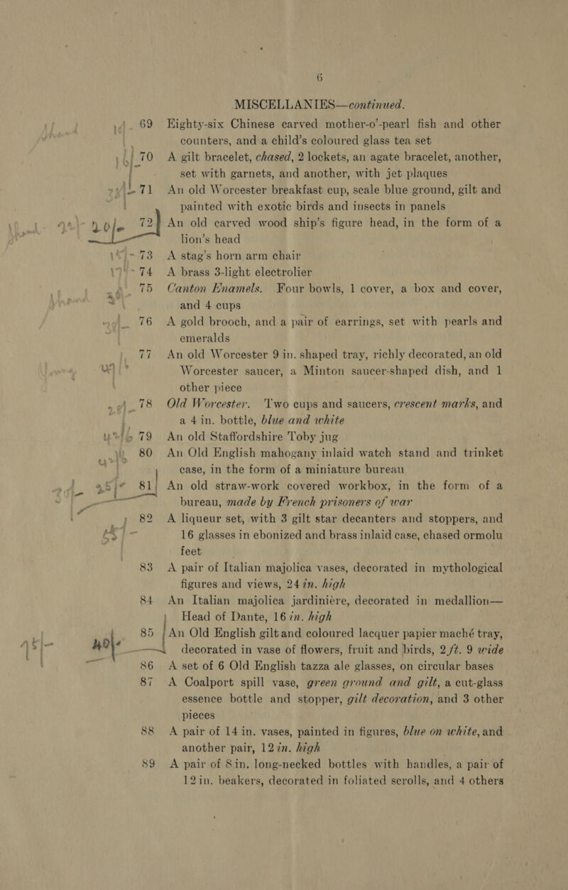 Se u 84 } 85 86 87 89 6 MISCELLANIES—continued. Eighty-six Chinese carved mother-o”-pearl fish and other counters, and a child’s coloured glass tea set A gilt bracelet, chased, 2 lockets, an agate bracelet, another, set with garnets, and another, with jet plaques An old Worcester breakfast cup, scale blue ground, gilt and painted with exotic birds and insects in panels An old carved wood ship’s figure head, in the form of a lion’s head A stag’s horn arm chair A brass 3-light electrolier Canton EKnamels. Four bowls, 1 cover, a box and cover, and 4 cups A gold brooch, and a pair of earrings, set with pearls and emeralds An old Worcester 9 in. shaped tray, richly decorated, an old Worcester saucer, a Minton saucer-shaped dish, and 1 other piece Old Worcester. Two cups and saucers, crescent marks, and a 4in. bottle, blue and white An old Staffordshire Toby jug An Old English mahogany inlaid watch stand and trinket case, in the form of a miniature bureau An old straw-work covered workbox, in the form of a bureau, made by French prisoners of war A liqueur set, with 3 gilt star decanters and stoppers, and 16 glasses in ebonized and brass inlaid case, chased ormolu feet A pair of Italian majolica vases, decorated in mythological figures and views, 247n. high An Italian majolica jardiniére, decorated in medallion— Head of Dante, 167n. high An Old English gilt and coloured lacquer papier maché tray, decorated in vase of flowers, fruit and birds, 2/¢. 9 wide A set of 6 Old English tazza ale glasses, on circular bases A Coalport spill vase, green ground and gilt, a cut-glass essence bottle and stopper, gilt decoration, and 3 other pieces A pair of 14 in. vases, painted in figures, blue on white, and another pair, 127n. high A pair of Sin. long-necked bottles with handles, a pair of