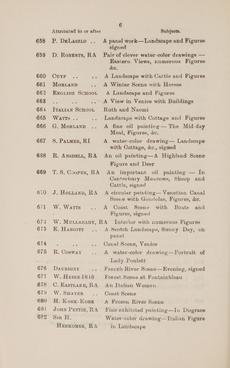 658 659 660 661 662 663 664 665 666 670 671 67% 673 674 675 676 677 678 679 680 681 682 Attributed to or after Subjects. P. DeLaszto .. A panel work—Landscape and Figures signed D. Roperts, RA Pair of clever water-color drawings — Kastern Views, numerous Figures Xe. Com <2 .. A Landscape with Cattle and Figures Morand .. A Winter Scene with Horses EnGLisH ScHooL A Landscape and Figures ; A View in Venice with Buildings Iranian ScHooL Ruth and Naomi Watts .. .. Landscape with Cottage and Figures G. Moruanp .. A fine oil painting — The Mid-day Meal, Figures, &amp;. S. Paumsgr, RI A water-color drawing— Landscape with Cottage, &amp;c., sigmed R. AnspELL, RA An oil painting—A Highland Scene Figure and Deer T.S, Cooper, RA An important oil painting — In Cavterbury Meadows, Sheep and Cattle, signed J. Ho“tanp, RA A circular painting— Venetian Canal Scene with Gondolas, Figures, &amp;e. W. Watts .. A Coast Scene with Boats and Figures, signed W. Muurerapy, RA Interior with numerous Figures K, Hareitr .. A Scotch Landscape, Sunny Day, on panel Canal Scene, Venice R. Cosway .. A _ water-color drawing—Portrait of Lady Poulett DAUBIGNY .. French River Scene—Evening, signed W. Heine 1848 Forest Scene at Fontainbleau C. Eastiuake, RA An Italian Woman W.SHayver .. Coast Scene H. Koex-Kork <A Frozen River Scene Joun Perriz, RA Fine exhibited painting—In Disgrace sir H. Water-color arawing—TItalian Figure HeErKkomeEr, RA in Landscape