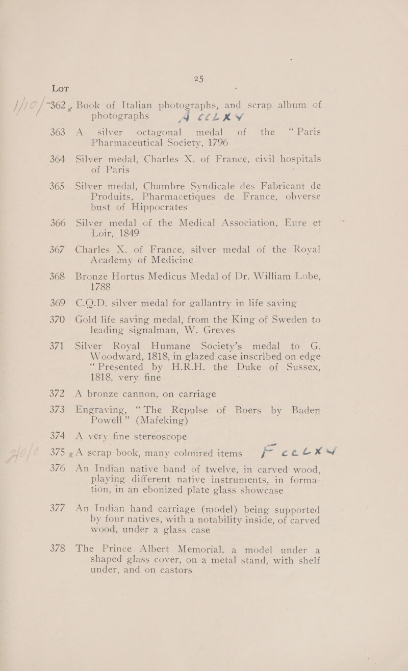 LoT /~362, Book of Italian photographs, and scrap album of photographs A CLLKY 363° A silver octavonal medal of othe ~ Paris Pinarmaceuticals society, 1796 364 Silver medalyCharles X.-of Brance, civil hospitals - OF Paris 205. Silver medal, Chambre Syadicale ‘des, Fabricant de Produits, Pharmacetiques de France, obverse bust of Hippocrates 366 Silver medal of the Medical Association, Eure et Loir, 1849 307 * Clvaries X tot France, Silver“inedal of ther koyal Academy of Medicine 368 Bronze Hortus Medicus Medal of Dr. William Lobe, 1788 309 COM silver'meédal for eallantry in life saving 370 Gold life saving medal, from the King of Sweden to leading signalman, W. Greves O/ Wee oiler) Noval srrumanme. Societys medal 10). G: Woodward, 1818, in glazed case inscribed on edge - rescnced . by HR hee tine “ule .on oussex, leis, verys ine 372 A bronze canton, on carriage 3/3 iueraving, “ The Repulse of Boers by Baden Powell” (Mafeking) 374 A very fine stereoscope 375 yA scrap book, many coloured items = ecclxs 376 An Indian native band of twelve, in carved wood, playing different native instruments, in forma- tion, in an ebonized plate glass showcase 3/7, An Indian hand carriage (model) being supported by four natives, with a notability inside, of carved wood, under a glass case 378 The Prince Albert Memorial, a model under a shaped glass cover, on a metal stand, with shelf under. and on. castors