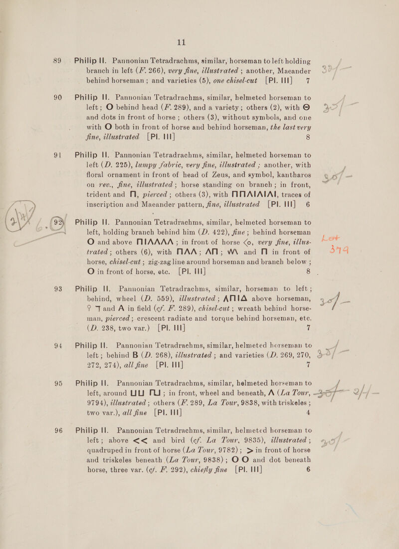 89 90 91 93 94 95 96 11 Philip Il. Pannonian Tetradrachms, similar, horseman to left holding branch in left (7. 266), very fine, illustrated ; another, Maeander behind horseman; and varieties (5), one chisel-cut [PI. III] 7 Philip Il. Pannonian Tetradrachms, similar, helmeted horseman to left; O behind head (F”. 289), and a variety; others (2), with O and dots in front of horse ; others (3), without symbols, and one with O both in front of horse and behind horseman, the last very fine, illustrated [PI. IN] 8 Philip Il. Pannonian Tetradrachms, similar, helmeted horseman to left (D. 225), lumpy fabric, very fine, illustrated ; another, with floral ornament in front of head of Zeus, and symbol, kantharos on rev., fine, illustrated ; horse standing on branch; in front, trident and 11, pierced ; others (3), with NNAIAIAL, traces of inscription and Maeander pattern, fine, tllustrated [PI II] 6 Philip I!. Pannonian Tetradrachms, similar, helmeted horseman to left, holding branch behind him (D. 422), fine; behind horseman O and above MIAAAA ; in front of horse <o, very fine, illus- trated ; others (6), with MAA; AM; WN and M1 in front of horse, chisel-cut ; zig-zag line around horseman and branch below ; O in front of horse, etc. [PI. III] 8 Philip Il. Pannonian Tetradrachms, similar, horseman to left; behind, wheel (D. 559), cdlustrated; ANNA above horseman, ° Jand A in field (cf. Ff’. 289), chisel-cut ; wreath behind horse- man, plerced ; crescent radiate and torque behind horseman, ete. (D. 238, two var.) [PI. III] 7 left ; behind B (D. 268), illustrated ; and varieties (D. 269, 270, 272, 274), all fine [PI. III] ‘i Philip Il. Pannonian Tetradrachms, similar, helmeted horseman to left, around UL MU; in front, wheel and beneath, A (La Tour, 9794), clustrated ; others (F289, La Tour, 9838, with triskeles ; two var.), all fine [PI. 11] 4 Philip Il. Pannonian Tetradrachms, similar, helmeted horseman to left; above << and bird (cf. La Tour, 9835), illustrated ; quadruped in front of horse (La Tour, 9782); > in front of horse and triskeles beneath (La Tour, 9838); OO and dot beneath horse, three var. (¢/. F’. 292), chiefly fine [PI. III] 6 Lect 3NQ